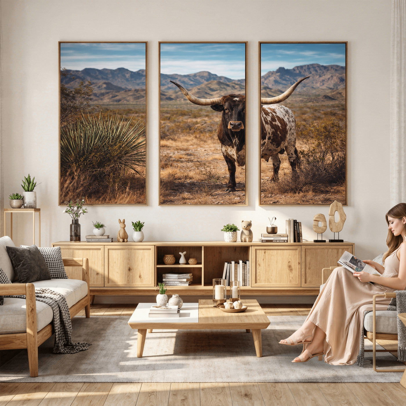 17622011S-MGV-CV-36X24 - Texas Longhorn Bull Wall Art Canvas Print, Western Farmhouse Cowboy Decor, Rustic Texas Ranch Cattle Artwork for Living Room Bedroom Office, Framed Wall Decor