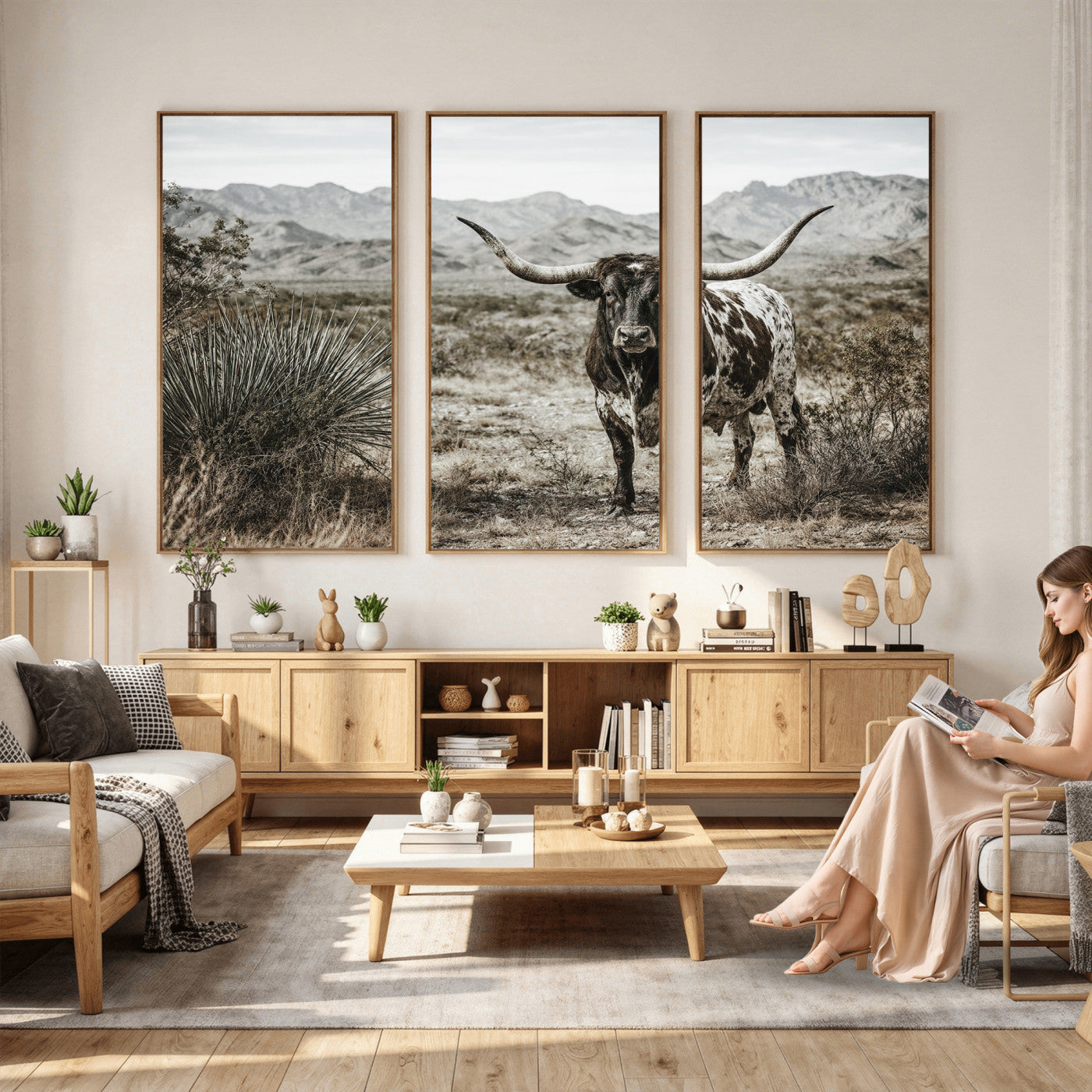 17622011H-MGV-CV-36X24 - Texas Longhorn Bull Wall Art Canvas Print, Western Farmhouse Cowboy Decor, Rustic Texas Ranch Cattle Artwork for Living Room Bedroom Office, Framed Wall Decor