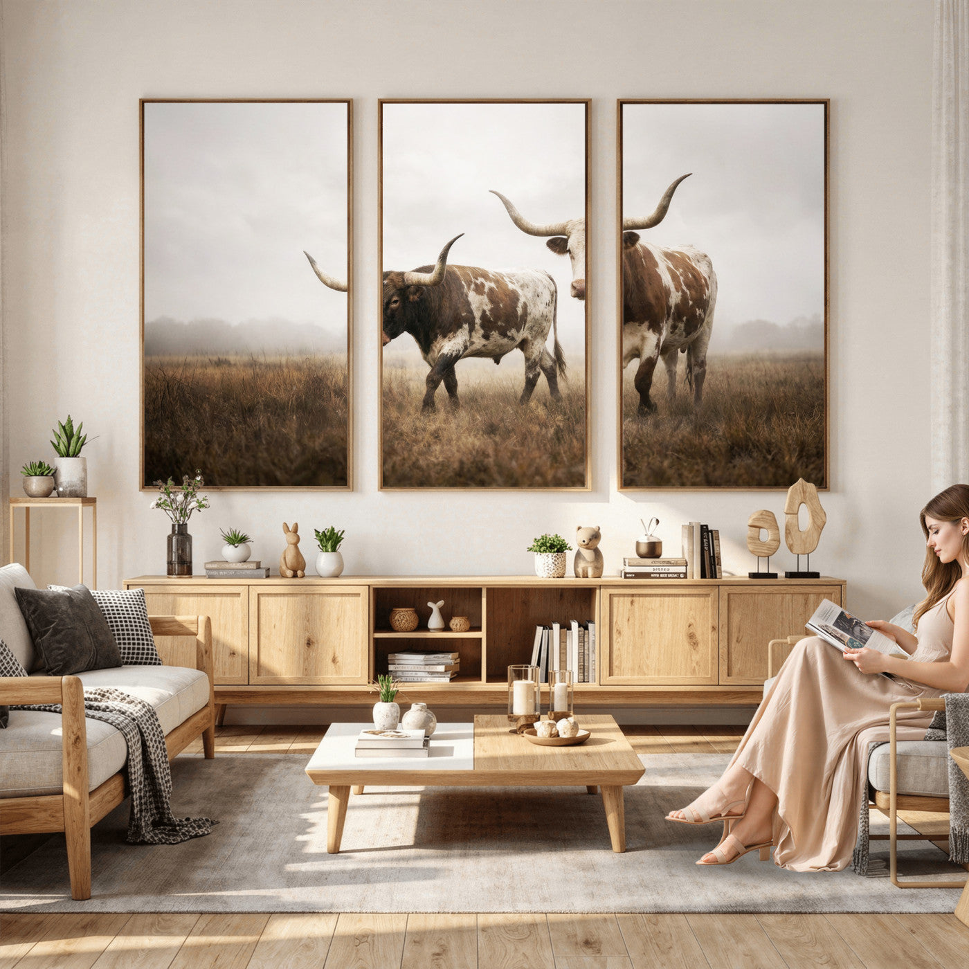 92881702-MGV-CV-36X24 - Texas Longhorn Canvas Wall Art Western Bull Desert Moody Grey Overcast Rustic Farmhouse Framed Large for Living Room Bedroom Office Decor