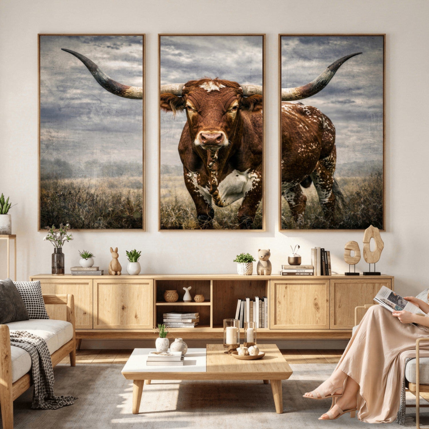 14372769-MGV-CV-36X24 - Texas Longhorn Canvas Wall Art Western Bull Desert Moody Grey Overcast Rustic Farmhouse Framed Large for Living Room Bedroom Office Decor