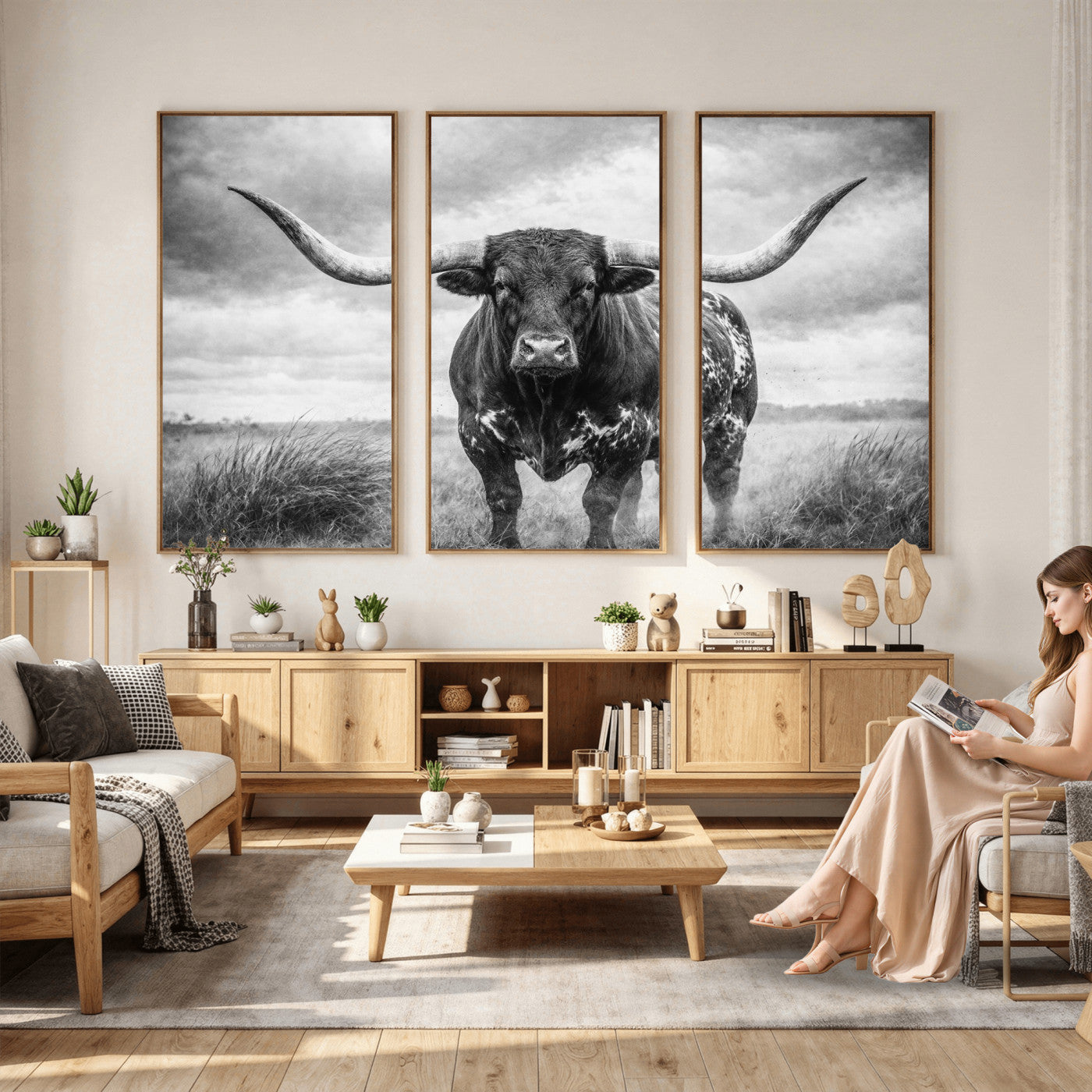 19951238-MGV-CV-36X24 - Texas Longhorn Canvas Wall Art Western Bull Desert Moody Grey Overcast Rustic Farmhouse Framed Large for Living Room Bedroom Office Decor