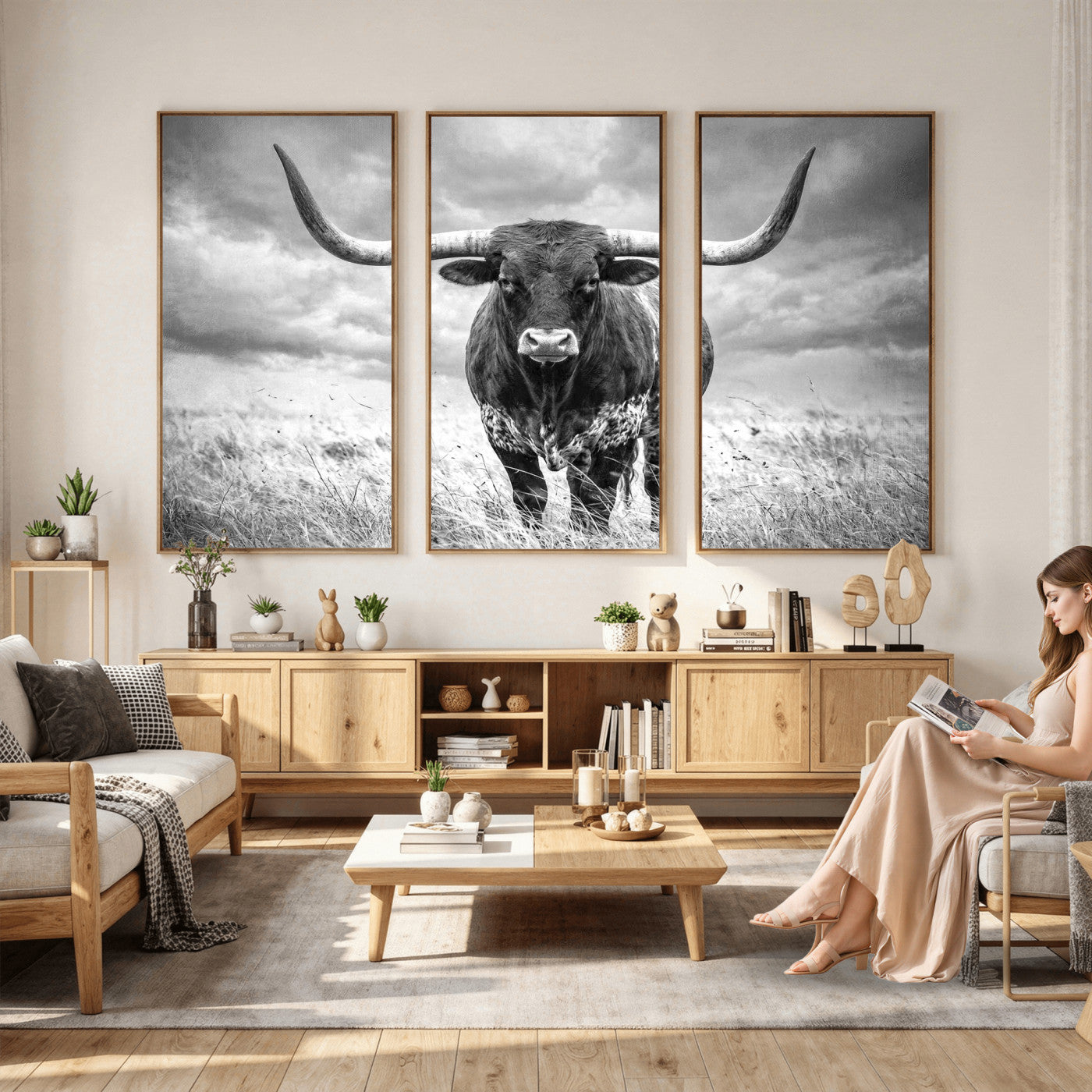 63336115-MGV-CV-36X24 - Texas Longhorn Canvas Wall Art Western Bull Desert Moody Grey Overcast Rustic Farmhouse Framed Large for Living Room Bedroom Office Decor