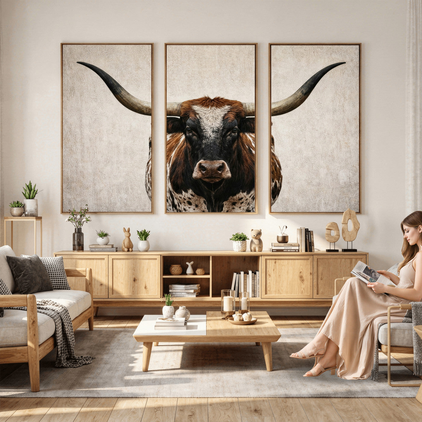 58622065-MGV-CV-36X24 - Texas Longhorn Canvas Wall Art Western Bull Desert Moody Grey Overcast Rustic Farmhouse Framed Large for Living Room Bedroom Office Decor