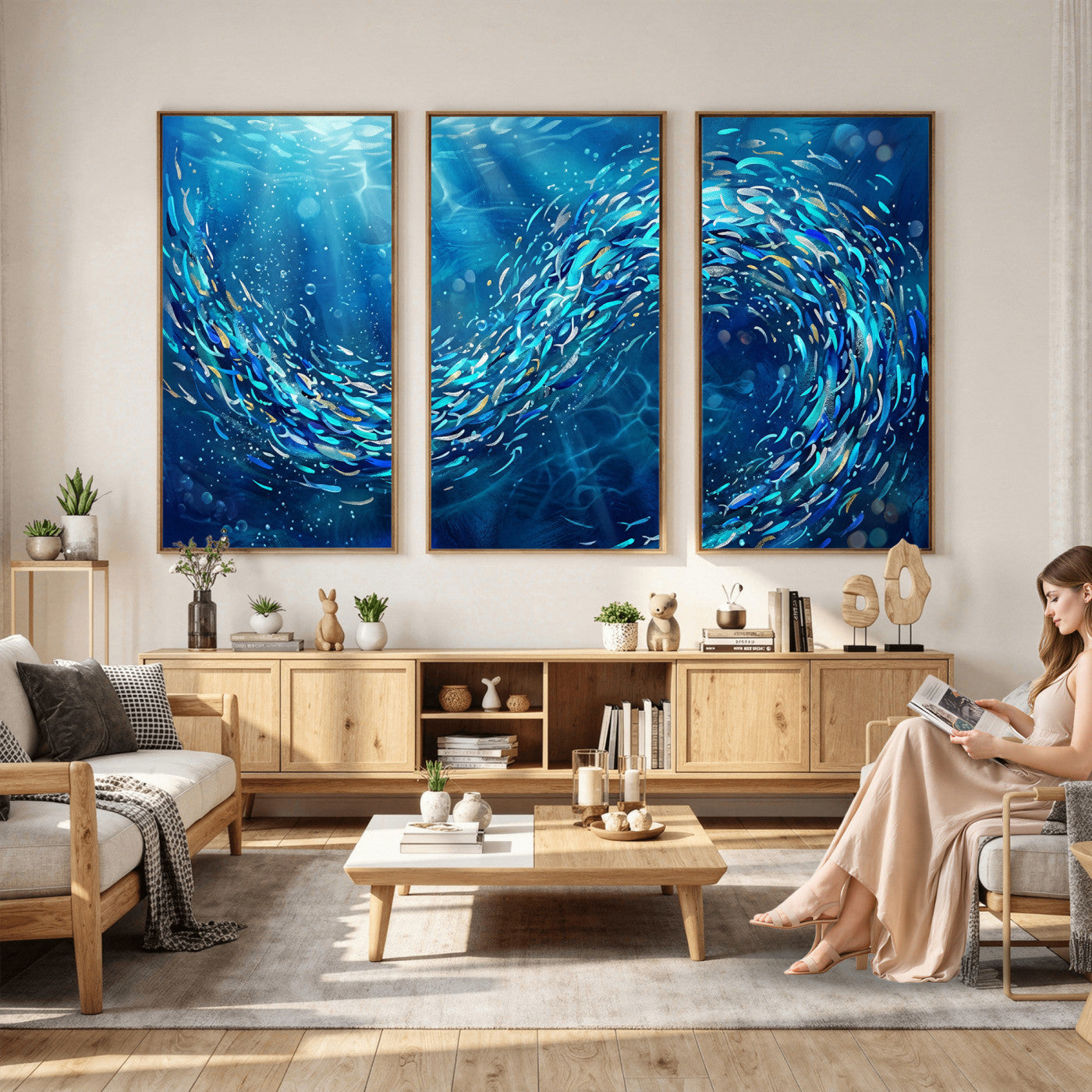 54535639-MGV-CV-36X24 - School of Fish Canvas Print | Blue Ocean Underwater Wall Art | Swirling Fish Shoal Illustration | Marine Navy Coastal Decor