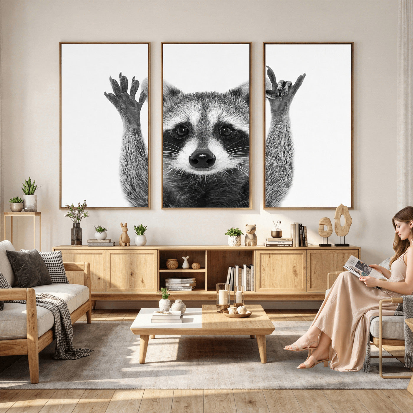 82392228-MGV-CV-36X24 - Funny Raccoon Canvas Wall Art, Black White Hands Up Animal Photo Print, Humorous Wildlife Decor, Kids Room Nursery Art, Quirky Animal Gift
