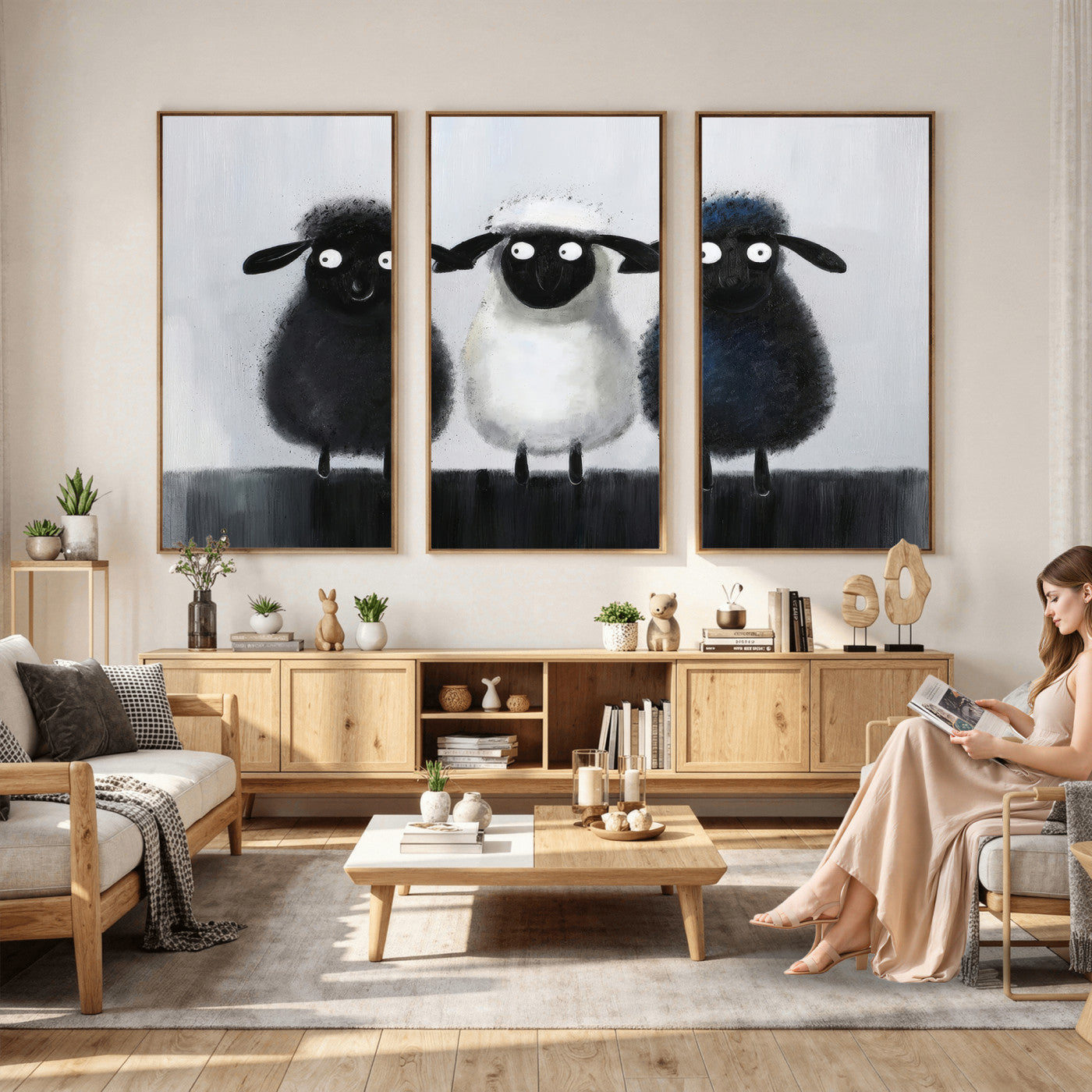 45650028-MGV-CV-36X24 - Funny Sheep Canvas Wall Art, Three Quirky Sheep Painting Print, Cute Animal Nursery Decor, Black White Navy Farmhouse Art, Kids Room Gift