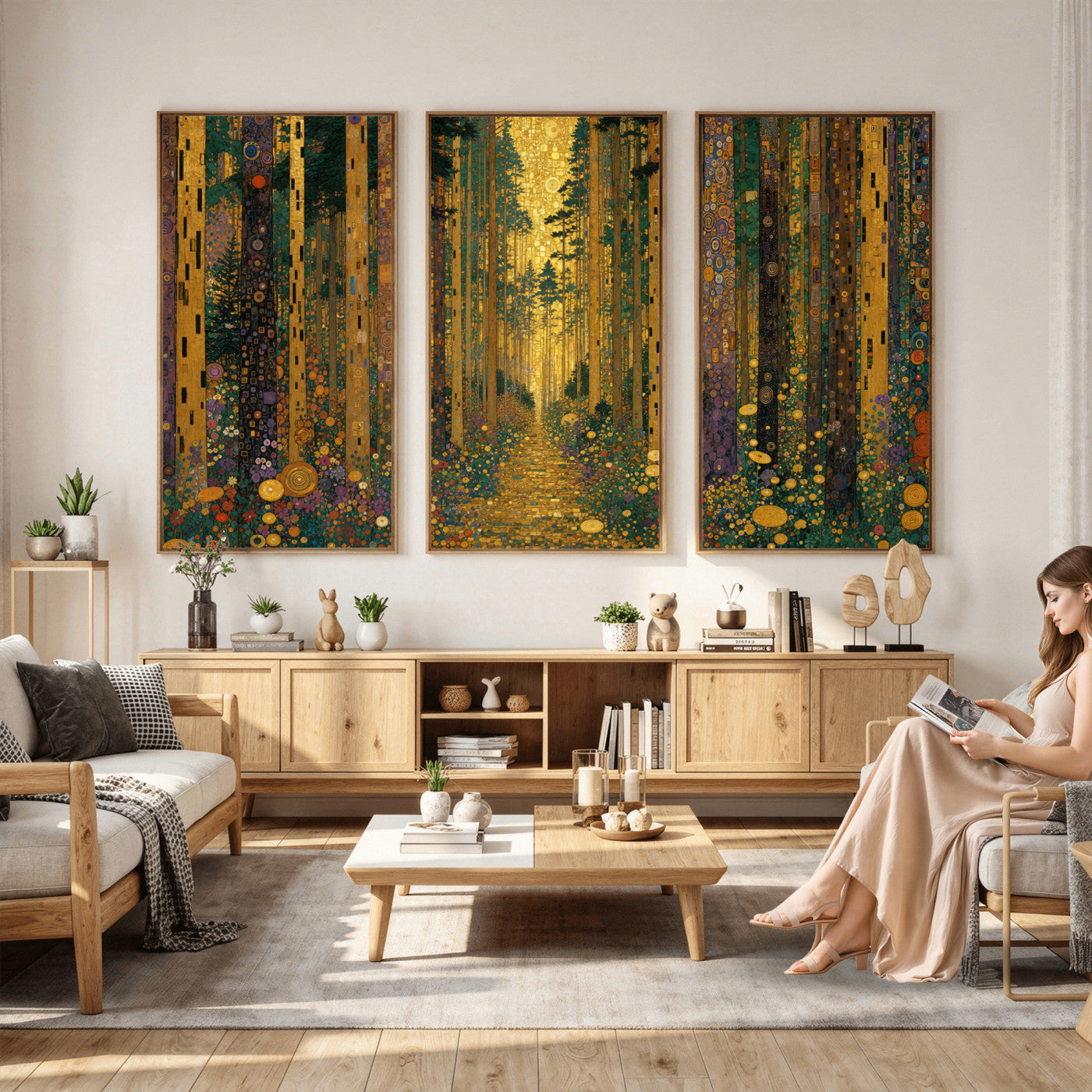79483321G-MGV-CV-48X32-3P - Gustav Klimt Style Forest Canvas Wall Art, Golden Forest Path Floral Art Nouveau Print, Enchanted Woodland Decor