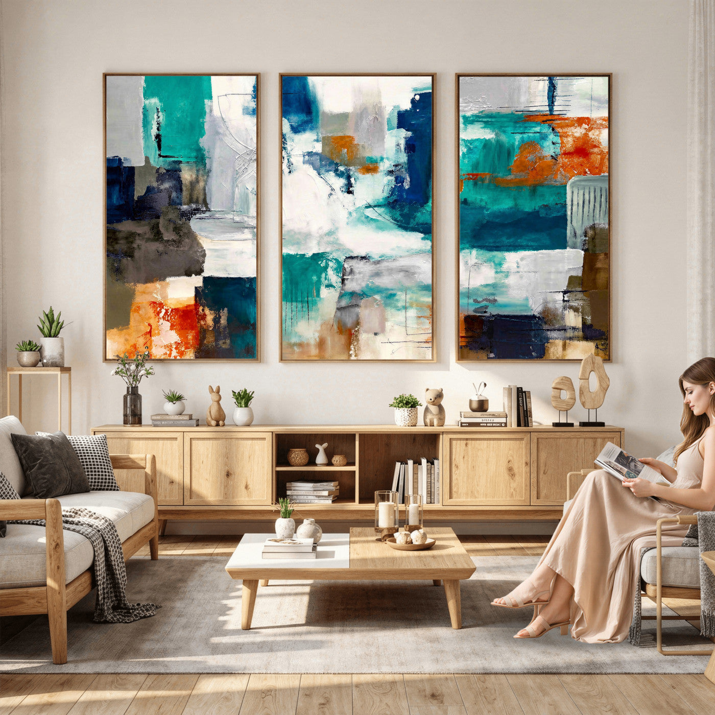 44038089-MGV-CV-36X24 - Blue Teal Abstract Canvas Wall Art, Modern Textured Painting Print, Navy Orange White Contemporary Art, Neutral Living Room Decor, Office Art