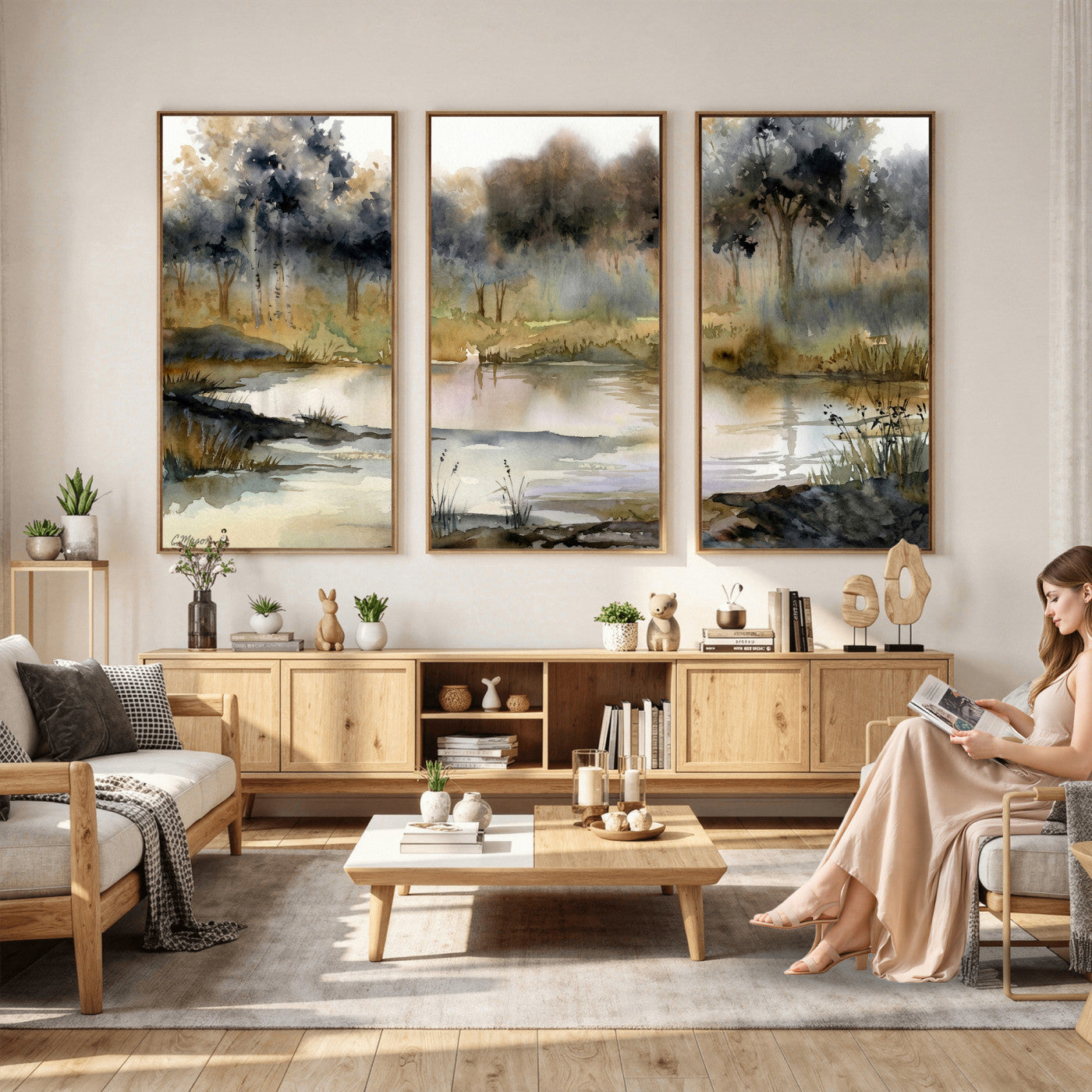 27383609-MGV-CV-36X24 - Abstract WatercolorAutumn Lake Canvas Wall Art Print, Misty Forest Landscape, Rustic Nature Painting, Cabin Wall Decor, Ready to Hang