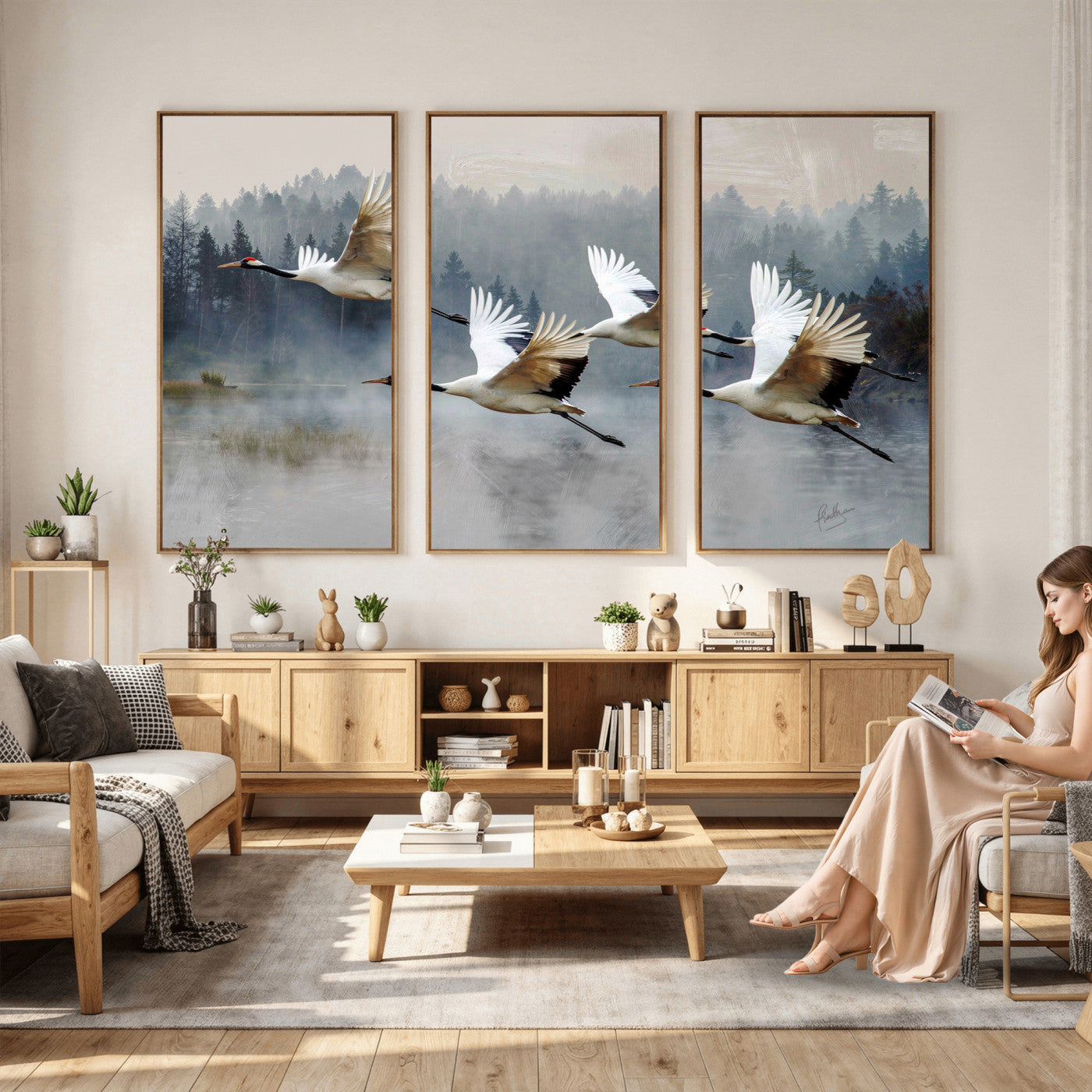 24356826-MGV-CV-36X24 - Flying Crane Canvas Wall Art Print, White Crane Bird Artwork, Wildlife Nature Decor, Lake Landscape Canvas, Ready to Hang