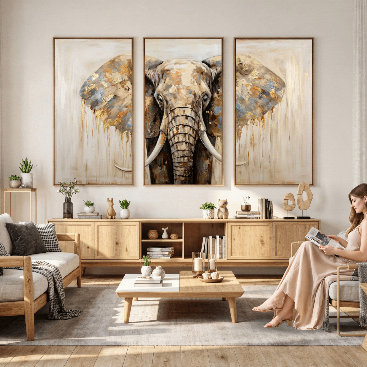 95819221-MGV-CV-36X24 - Gold Leaf Elephant Canvas Wall Art Abstract African Wildlife Painting Print