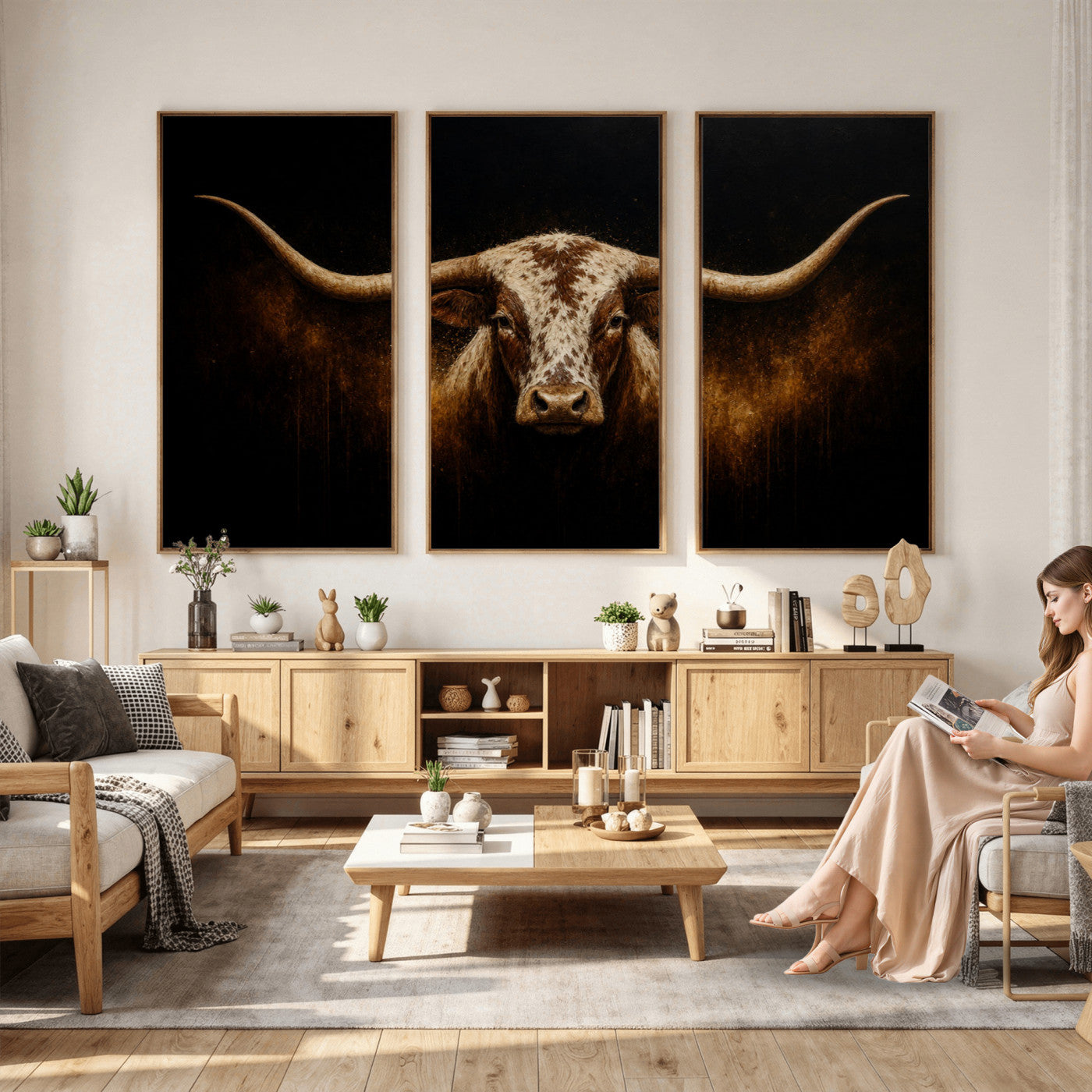 12628958-MGV-CV-36X24 - Texas Longhorn Canvas Wall Art Moody Western Bull Oil Painting Print