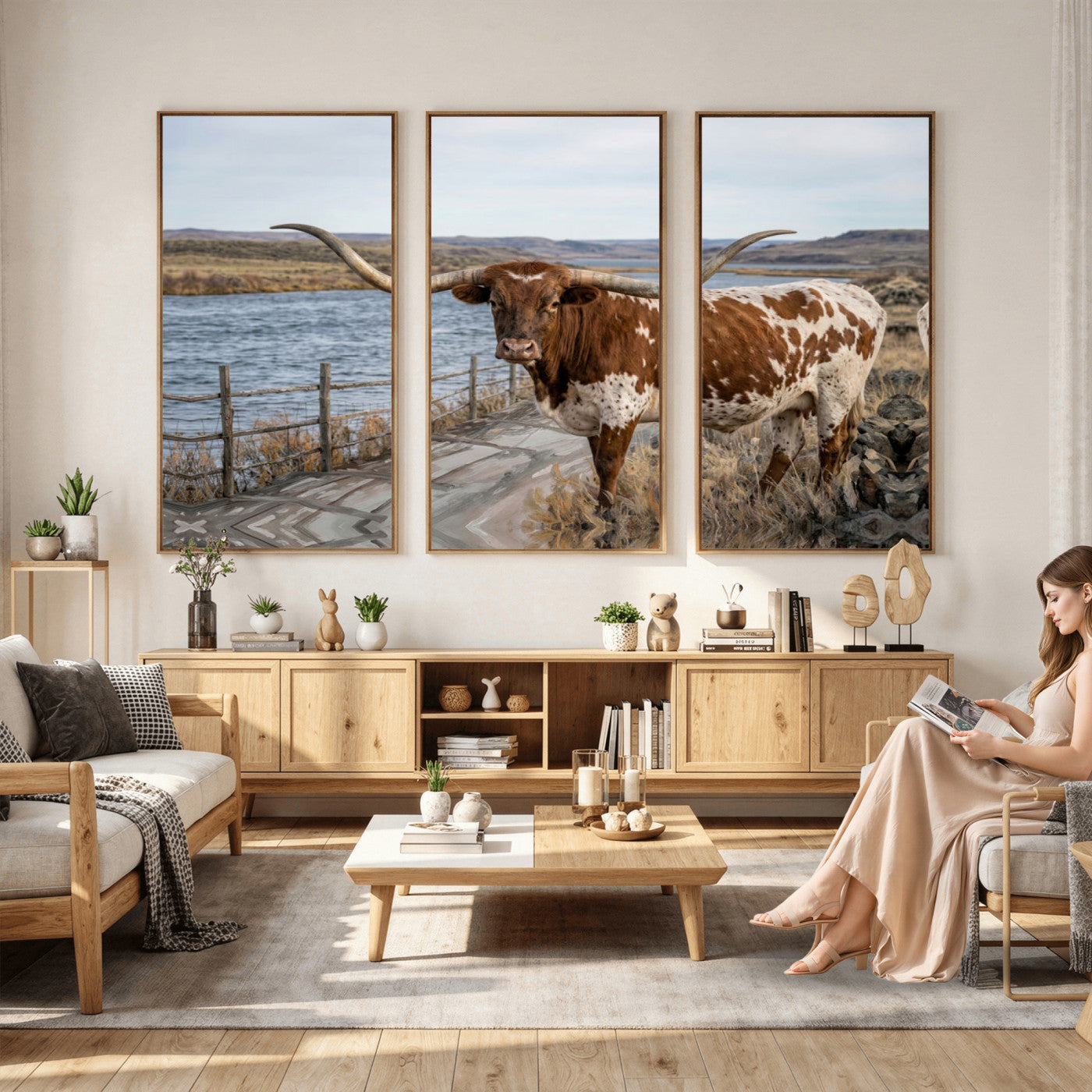 91575949-MGV-CV-36X24 - Texas Longhorn Cattle in Desert Pasture Wall Art Canvas Print - Rustic Western Decor