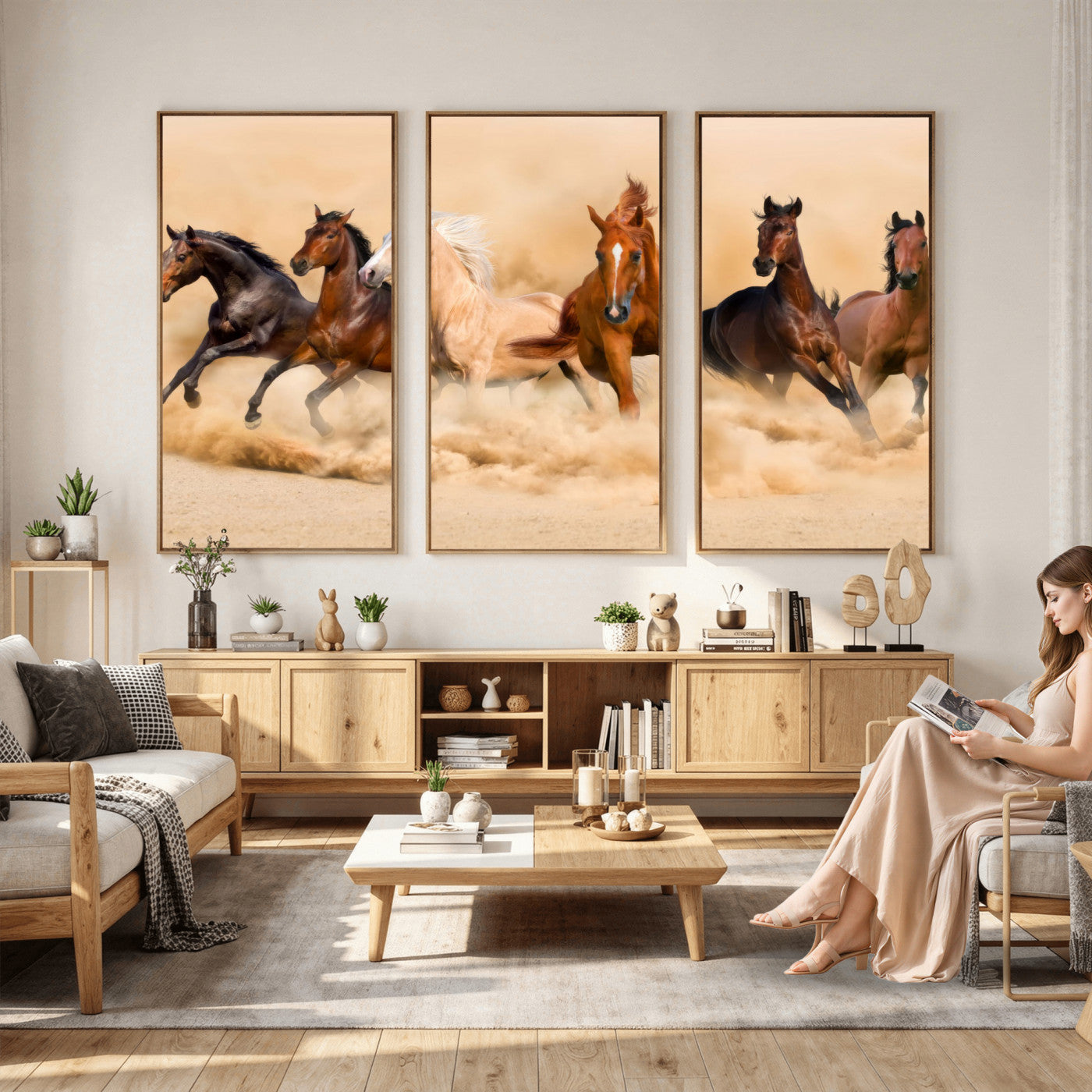 90610949-MGV-CV-36X24 - Herd of Six Wild Horses Galloping in Dust Storm Wall Art Canvas Print - Majestic Wildlife Decor