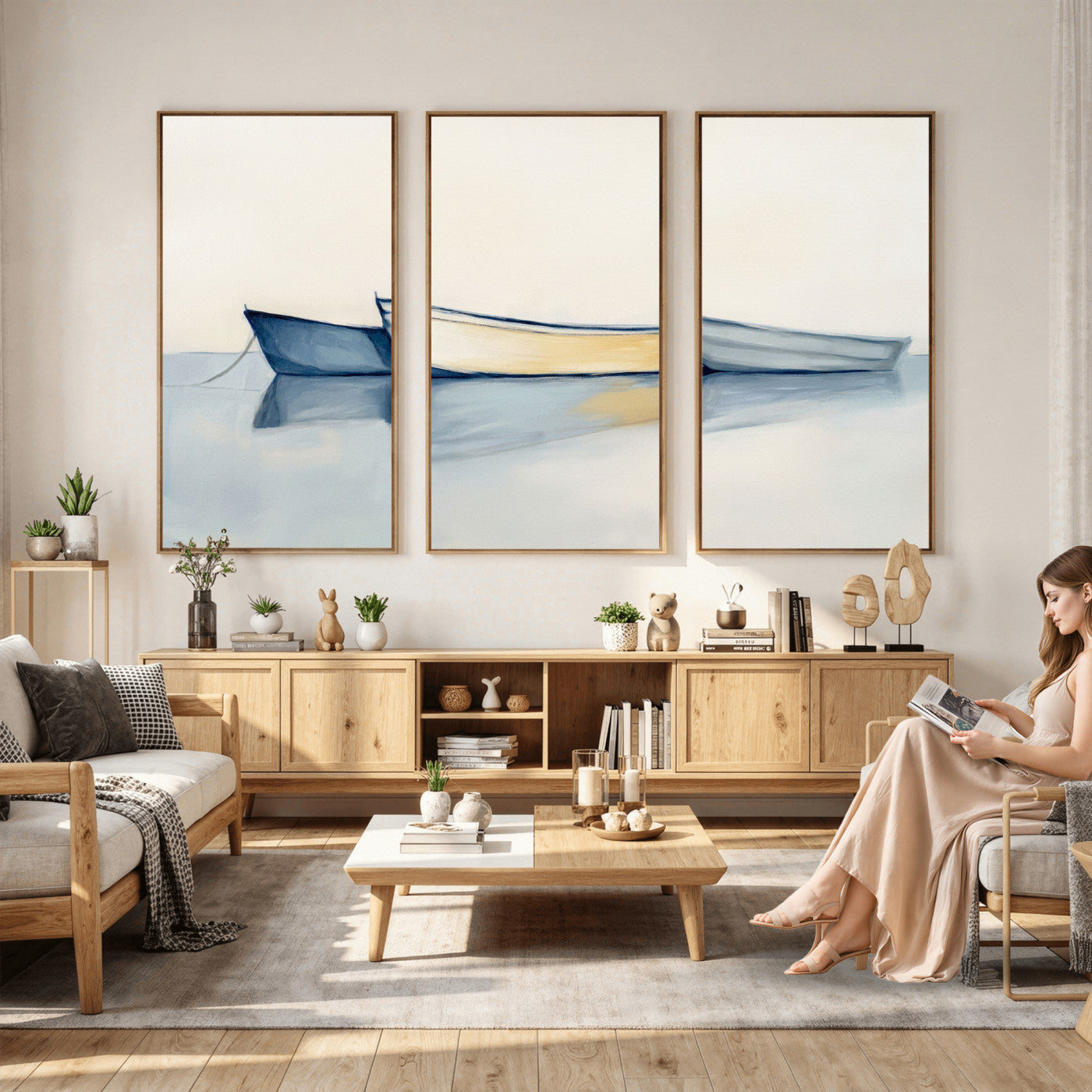 84017361-MGV-CV-36X24 - Abstract Three Boats Reflecting on Water Wall Art Canvas Print - Minimalist Coastal Seascape