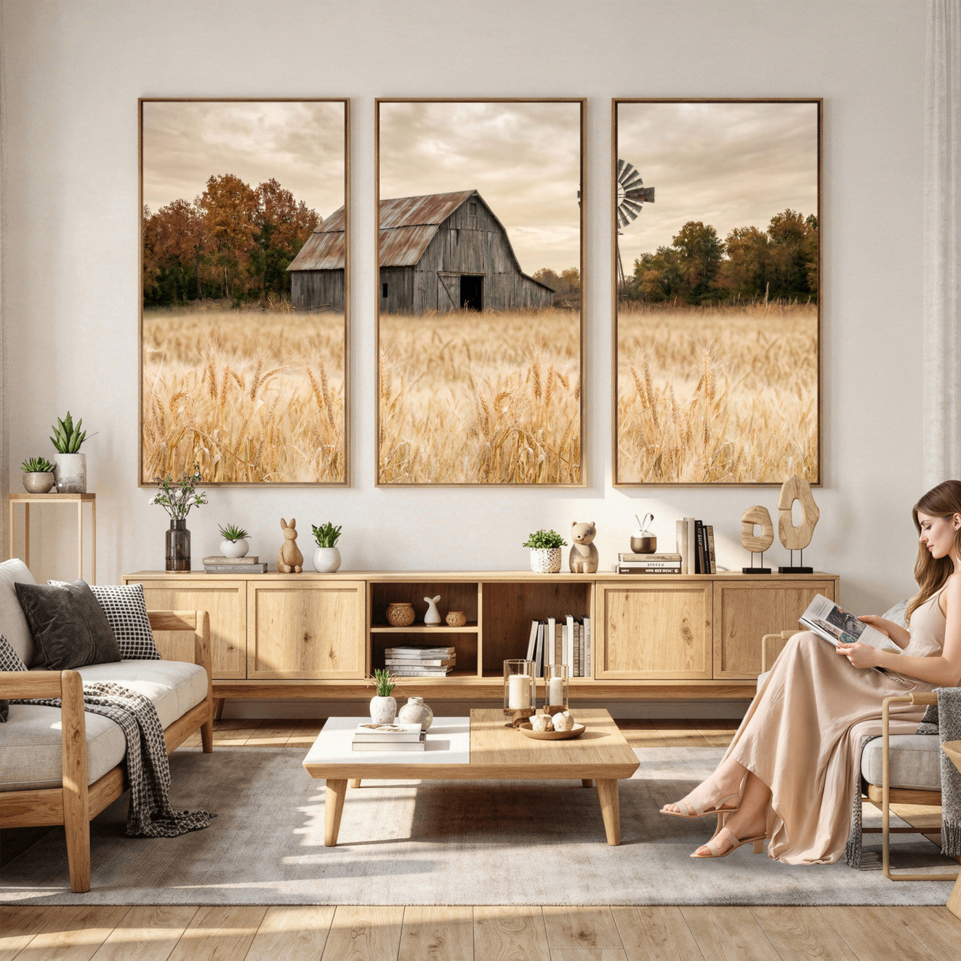 99640659-MGV-CV-36X24 - Rustic Farmhouse Barn and Windmill Wall Art Canvas Print, Country Landscape Photography Print