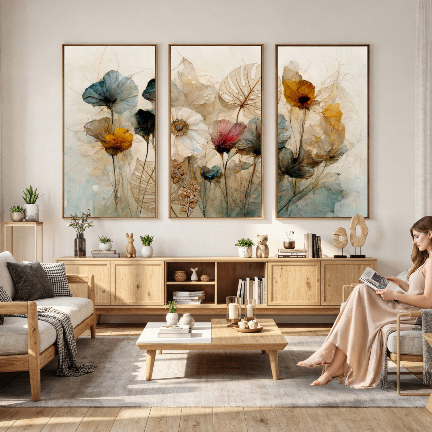 93171612-MGV-CV-36X24 - Vintage Dried Floral Meadow Wall Art Canvas Print, Translucent Watercolor Flowers Painting Print