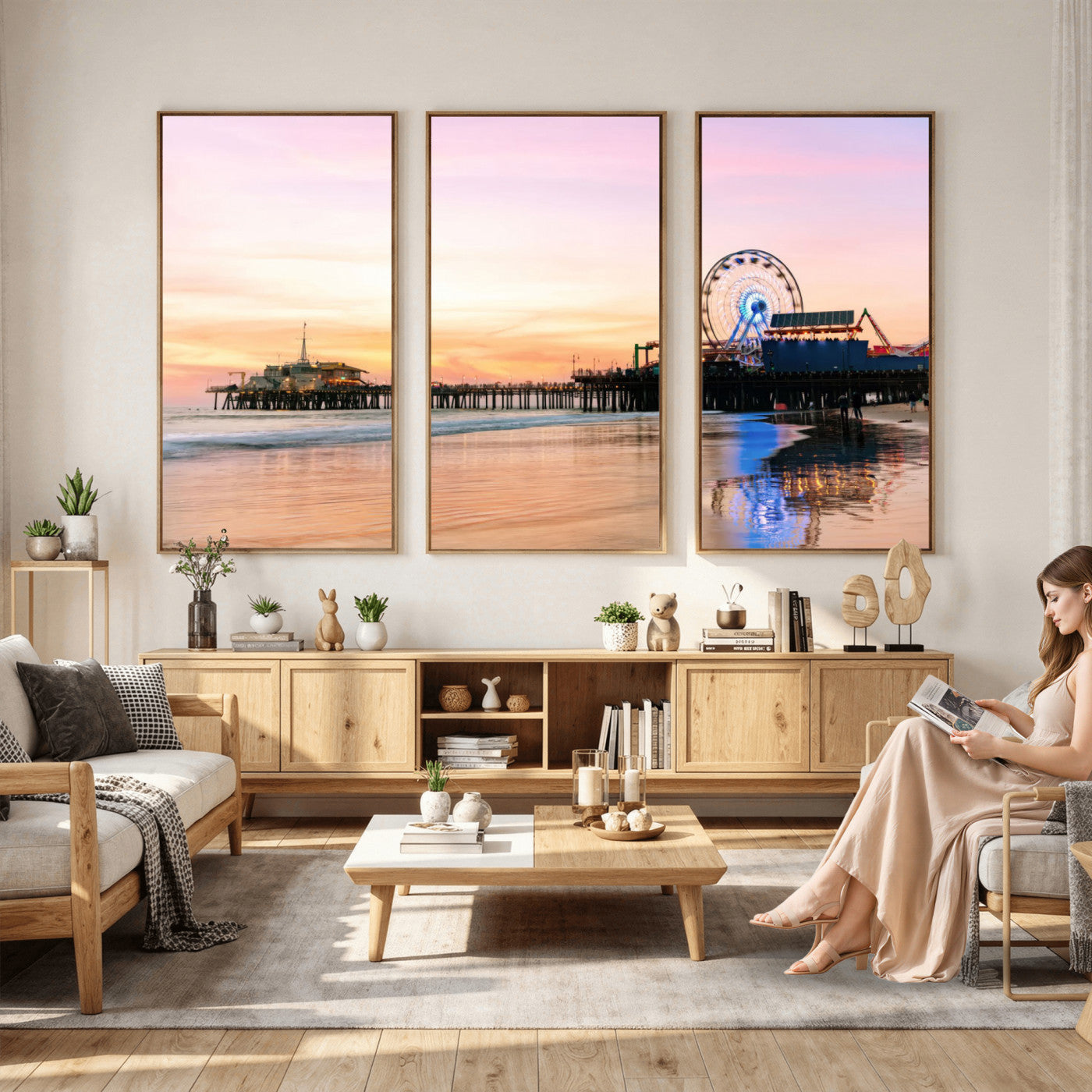 27381272-MGV-CV-36X24 - Santa Monica Pier Sunset Beach Wall Art Canvas Print, California Ferris Wheel Photo Print