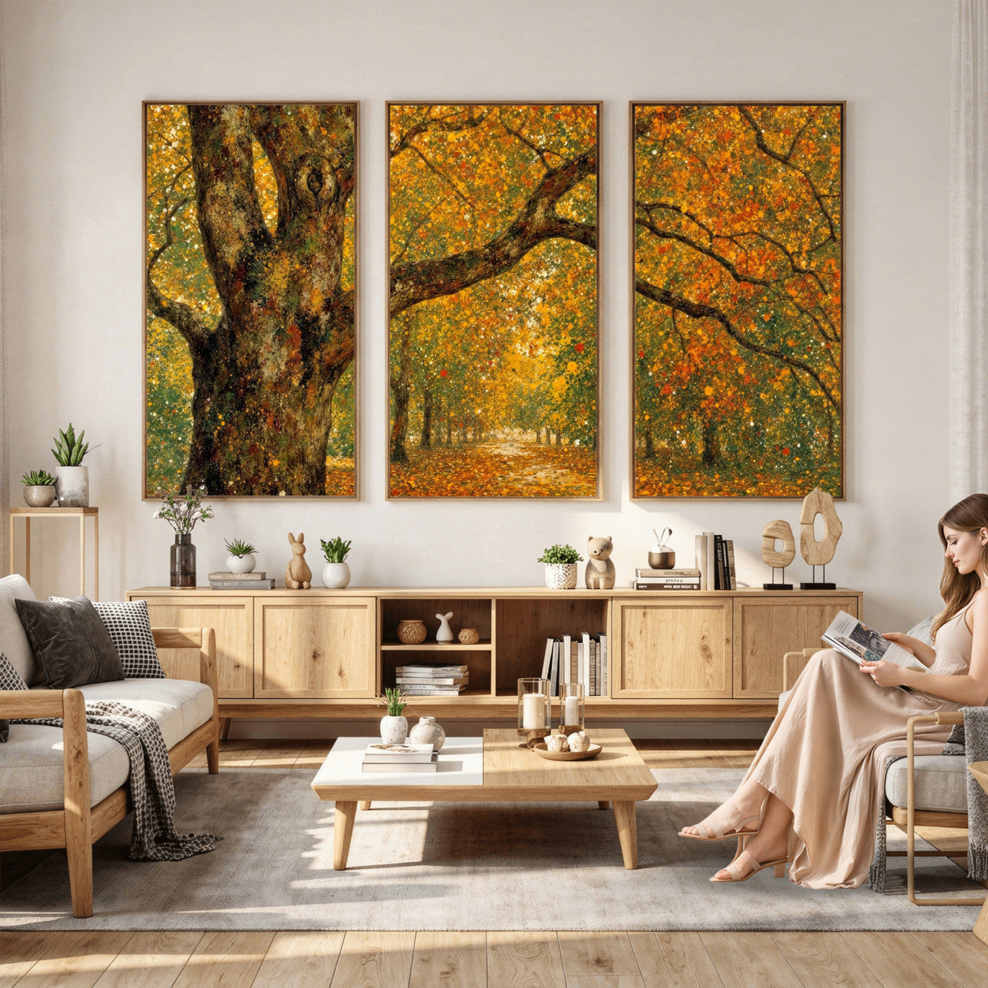 11536138-MGV-CV-36X24 - Vintage Autumn Forest Path Wall Art Canvas Print, Golden Leaves Impressionist Painting Print