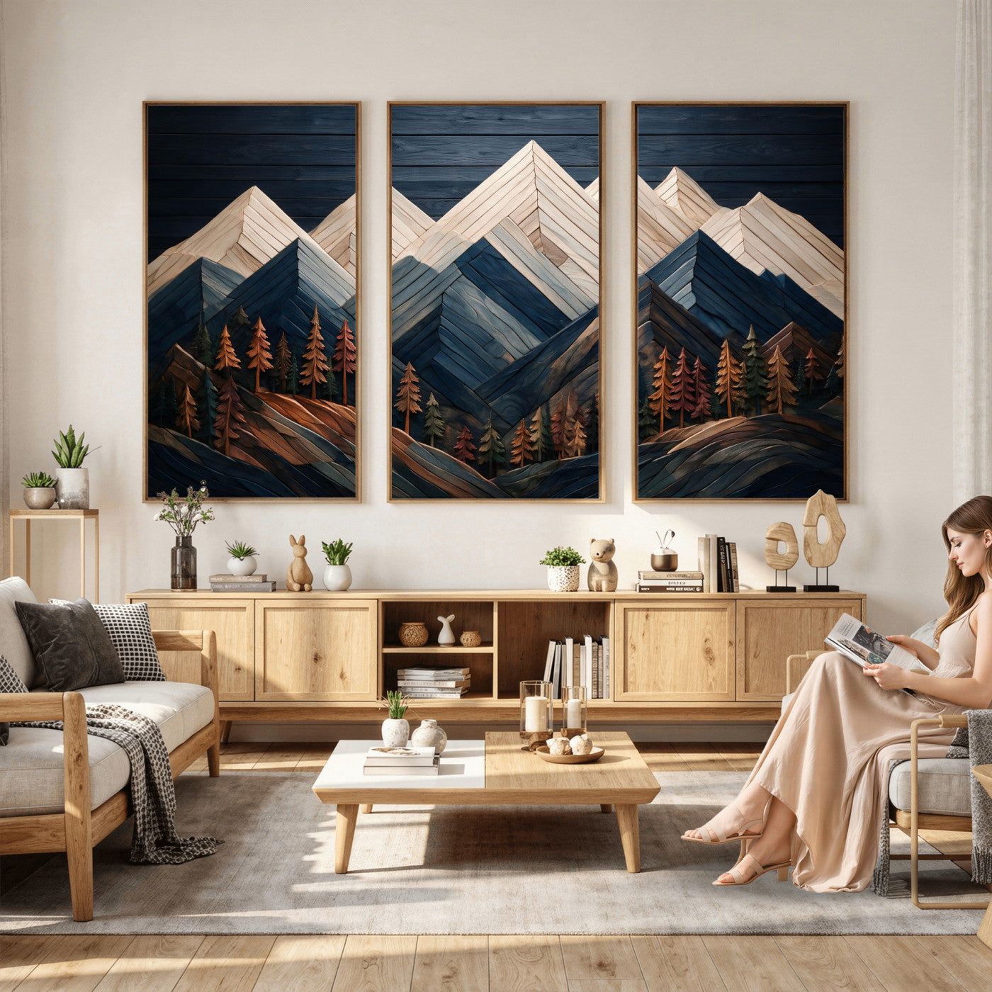 87765072-MGV-CV-36X24 - Geometric Wood Mountain Wall Art Canvas Print, 3D Look Rustic Mosaic Landscape Print
