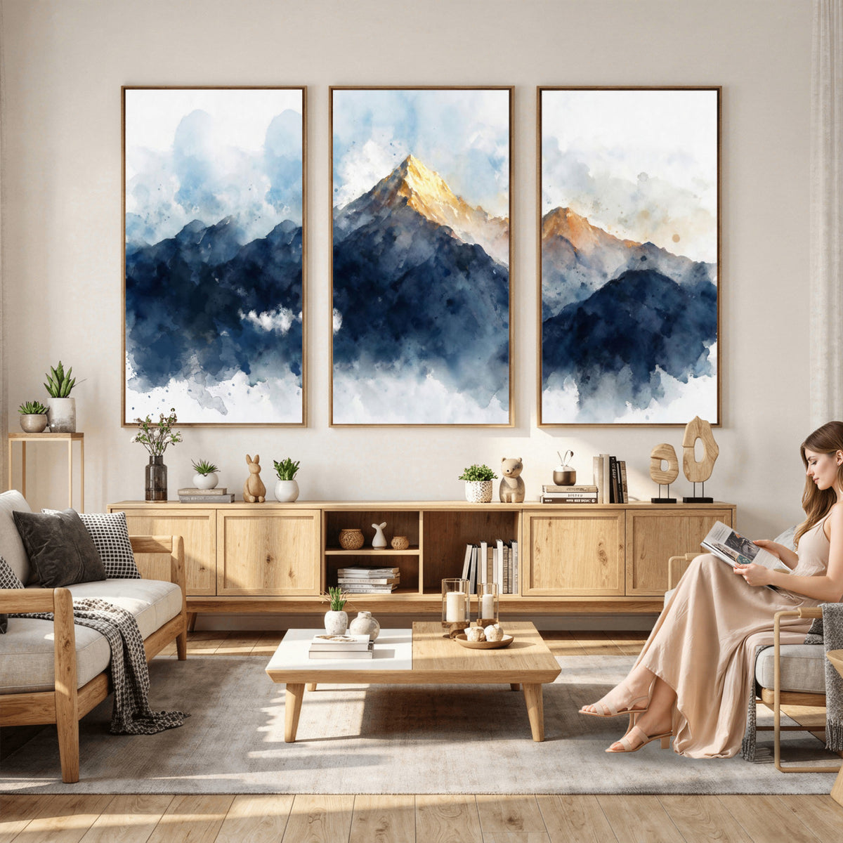 62076449DG1-MGV-CV-36X24 - Abstract Watercolor Mountain Lake Wall Art Print for Living Room Decor