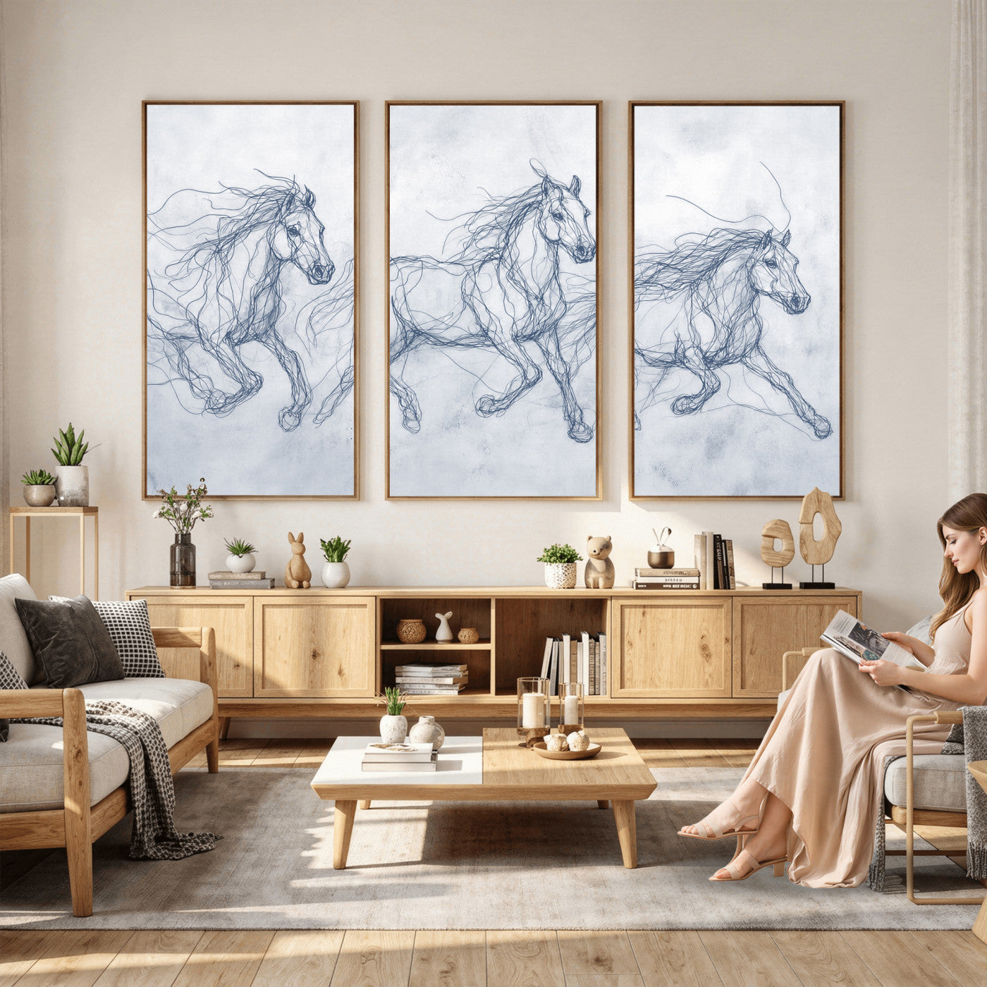 41163601-MGV-CV-36X24 - Indigo Blue Horse Line Art Canvas, Steel Grey Wild Horses Print, Abstract Navy Scribble Artwork, Modern Slate Equine Wall Decor, Coastal Ranch Gift