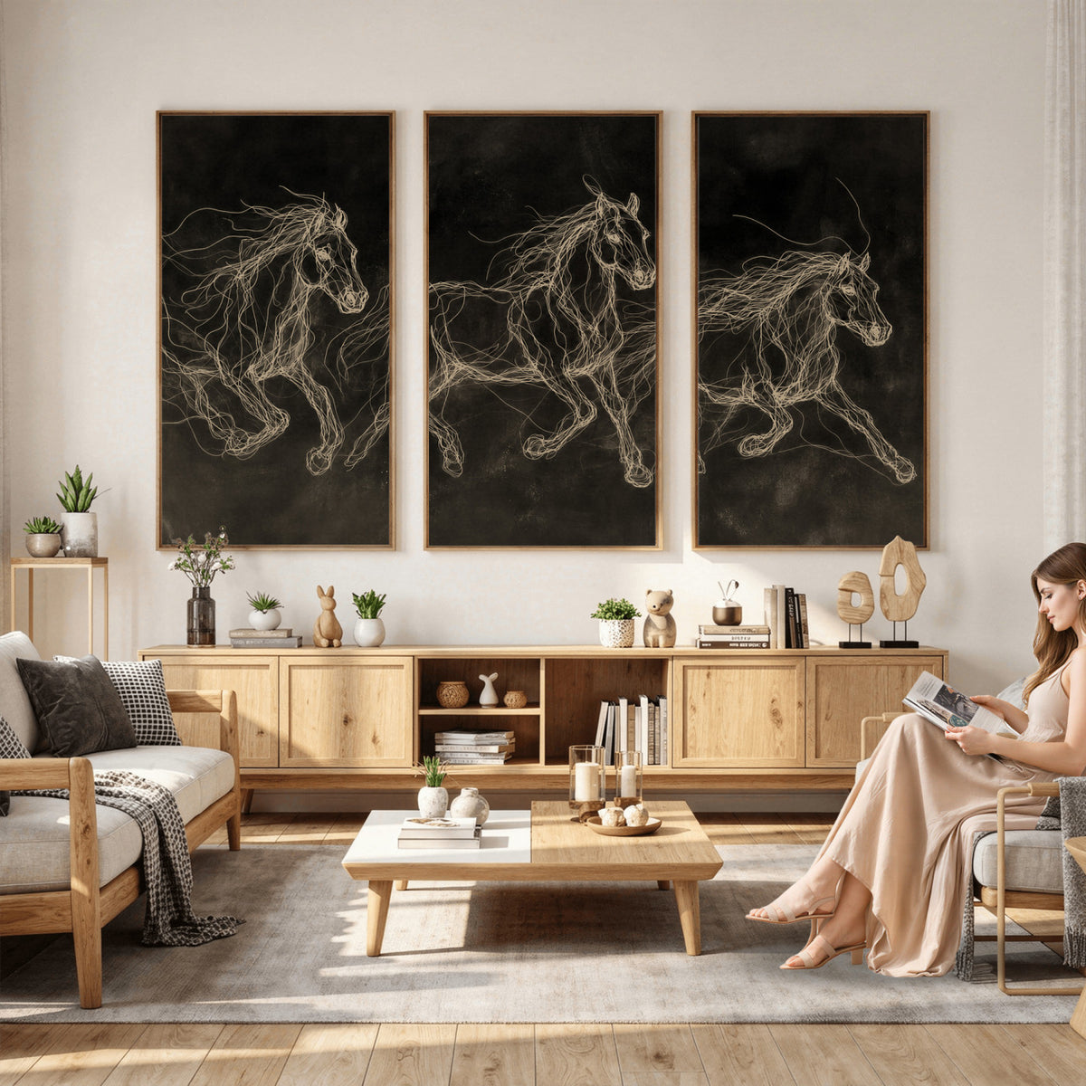 15344242-MGV-CV-36X24 - Dark Horse Line Art Canvas, Gold Scribble Wild Horses Print, Black Chalkboard Wall Art, Modern Luxury Equine Decor, Masculine Office Gift