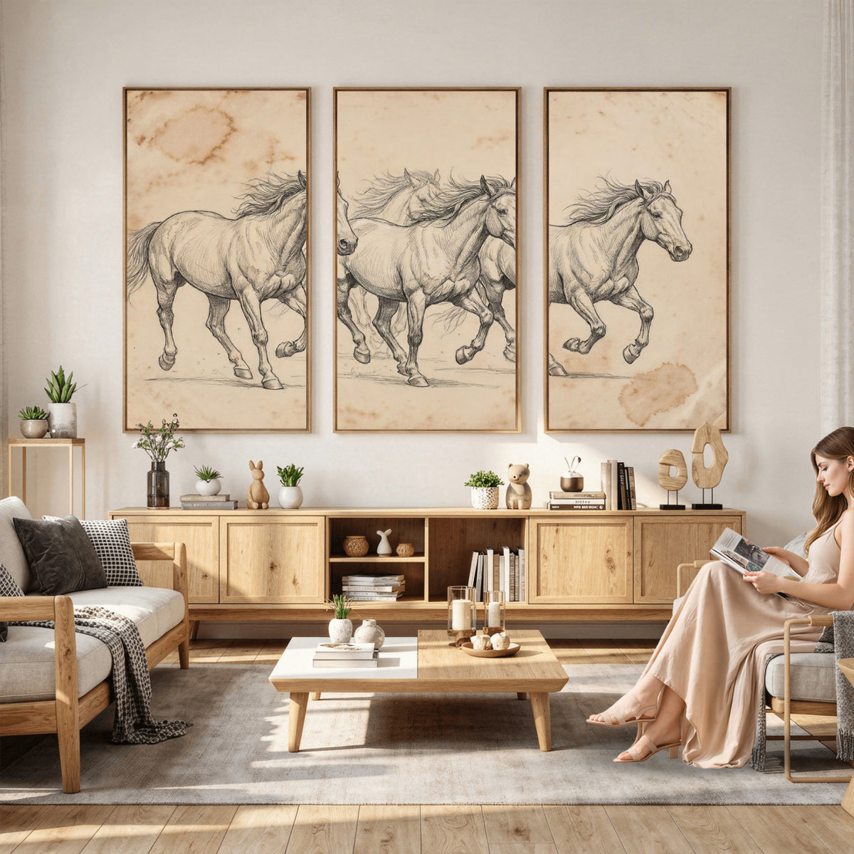16644391-MGV-CV-36X24 - Vintage Horse Sketch Canvas Wall Art, Wild Horses Pencil Drawing Print, Antique Parchment Western Decor, Equine Sketching, Country Manor Gift