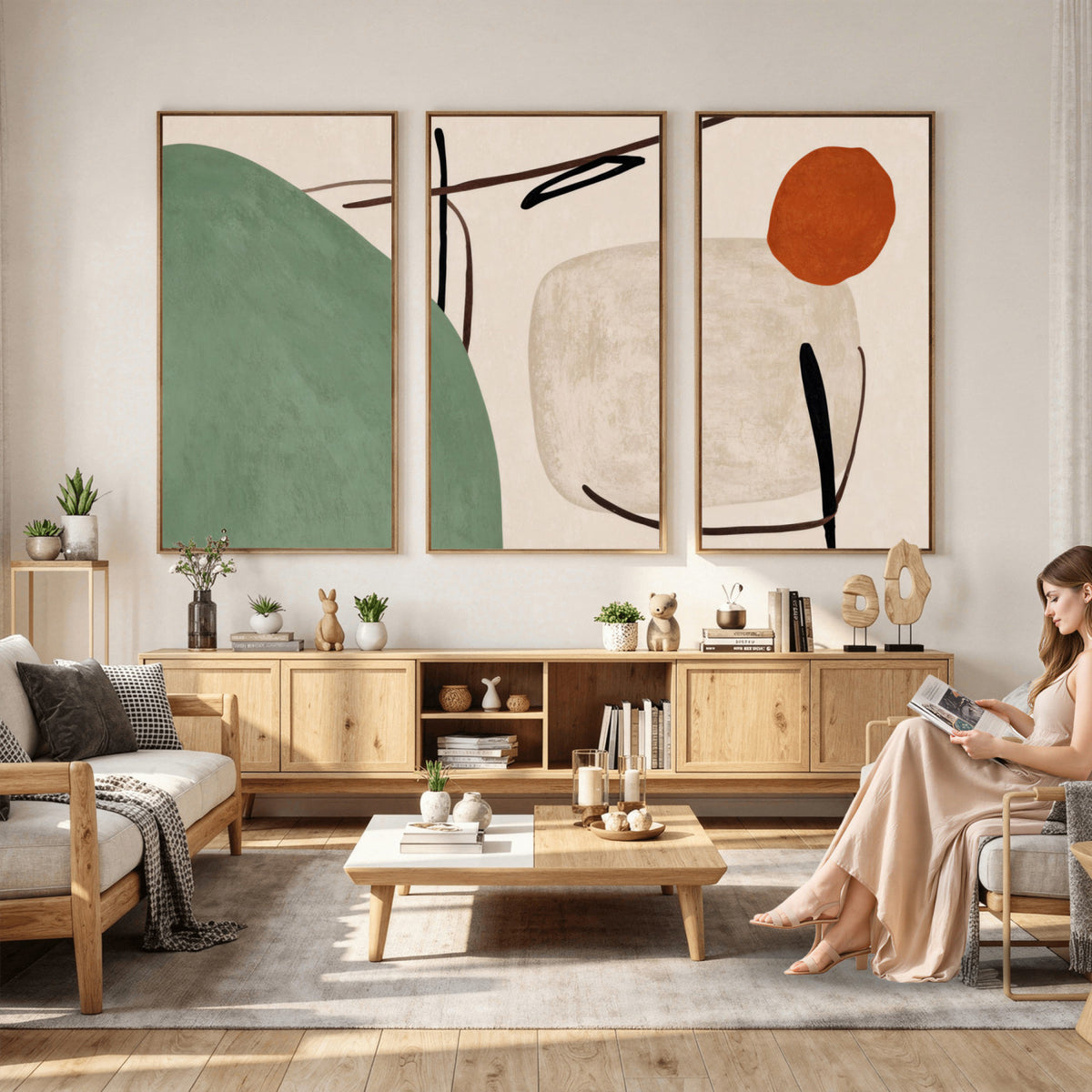 46798824-MGV-CV-48X32-3P - Mid Century Modern Geometric Canvas Wall Art, Abstract Triptych Print