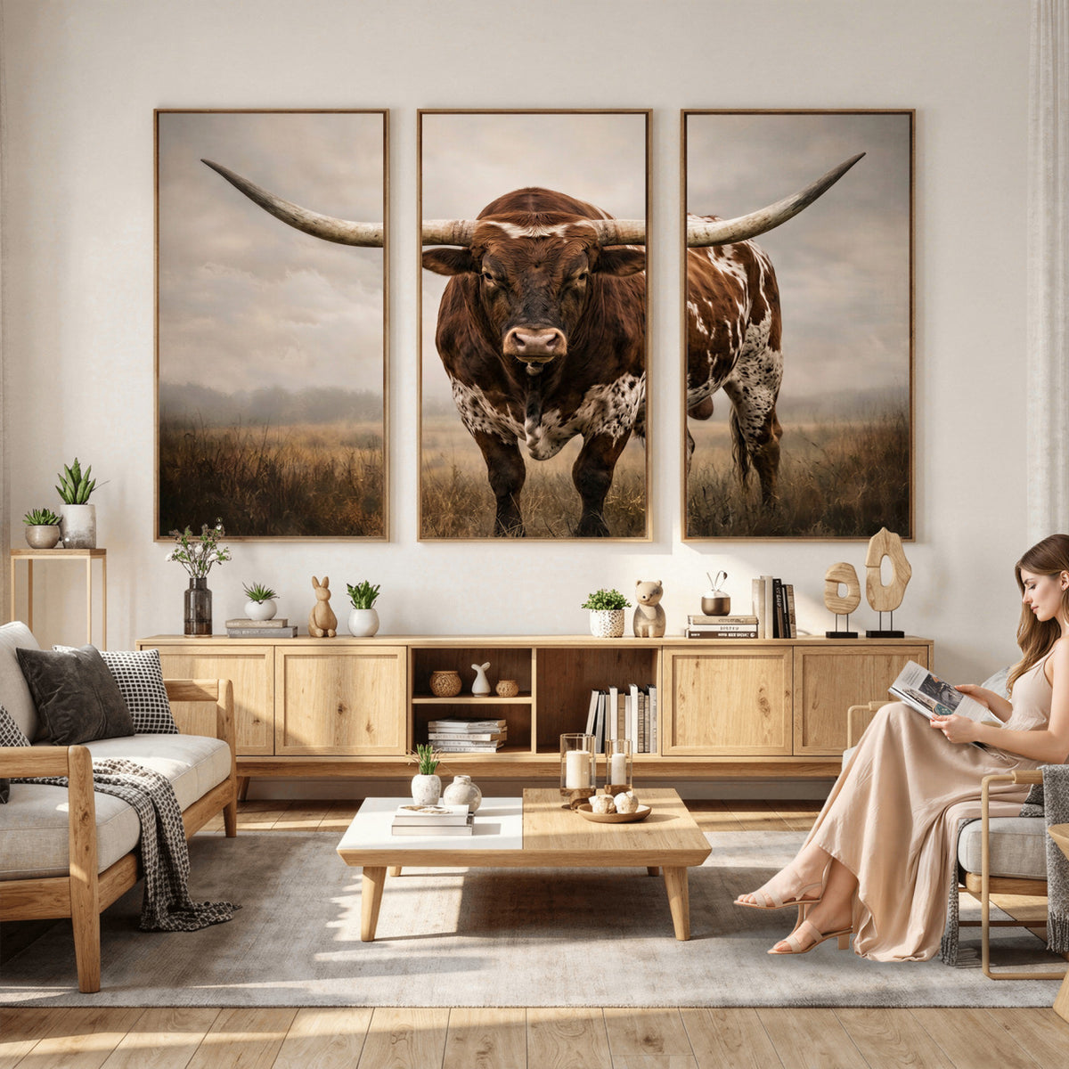 25239047A-MGV-CV-36X24 - Texas Longhorn Canvas Wall Art Western Bull Desert Moody Grey Overcast Rustic Farmhouse Framed Large for Living Room Bedroom Office Decor