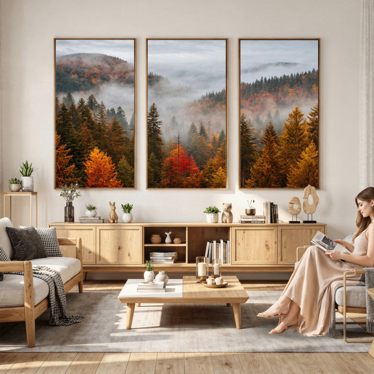 87481341-_Poster-30x20 - Foggy Autumn Mountain Canvas Print Smoky Pine Forest Wall Art Panoramic Nature Poster 3 Piece Made in USA