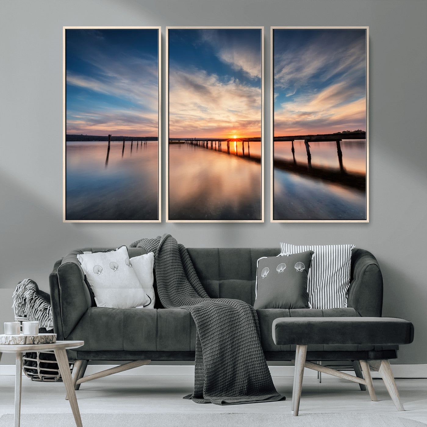 39967-MGV-FC-48X32-3P_Natural-Wooden Pier on Seascape and Sunset Wall Art Canvas Print