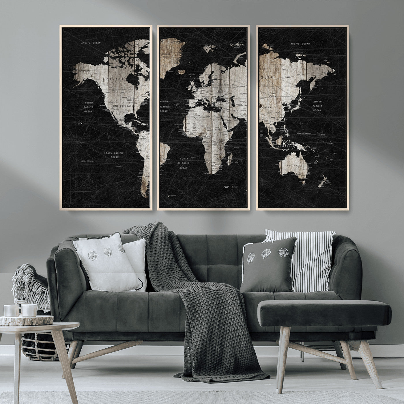 89998-MGV-CV-36X24-Rustic Black and Wood World Map Canvas Wall Art – Framed Push Pin Travel Map for Home and Office Decor, Modern Vintage Wall Artwork
