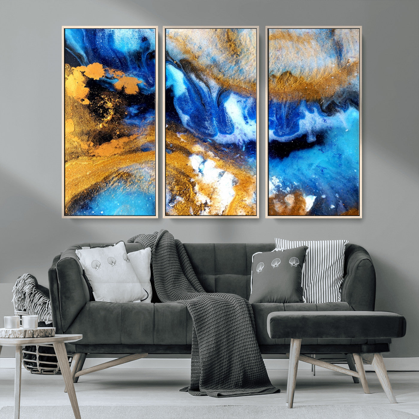42100-MGV-CV-36X24-Blue Orange Marble Fluid Effect Canvas Wall Art Print
