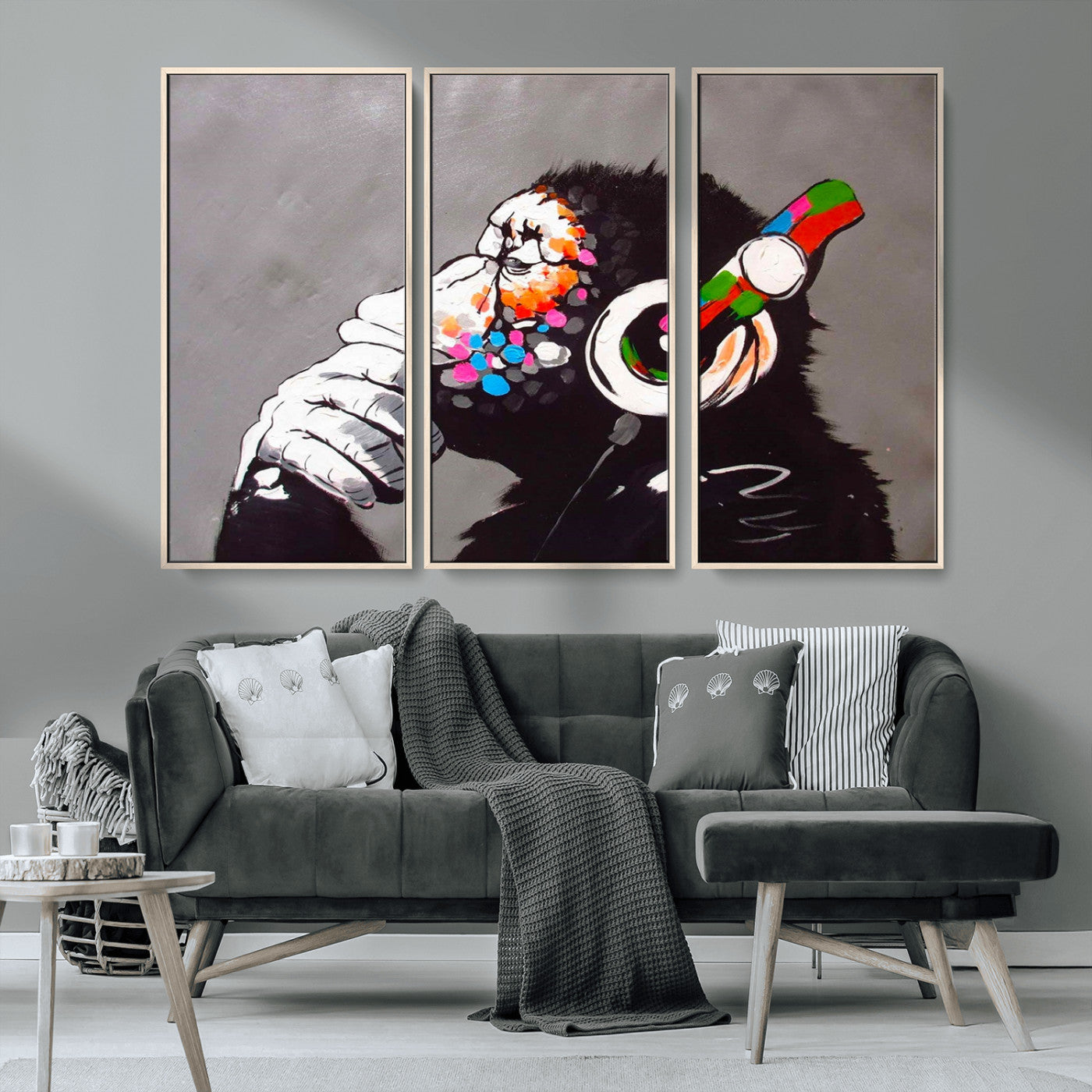 56887-MGV-CV-36X24-Dj Monkey Listening to Music Wall Art Print | Banksy Monkey Large Canvas Print for Living Room,