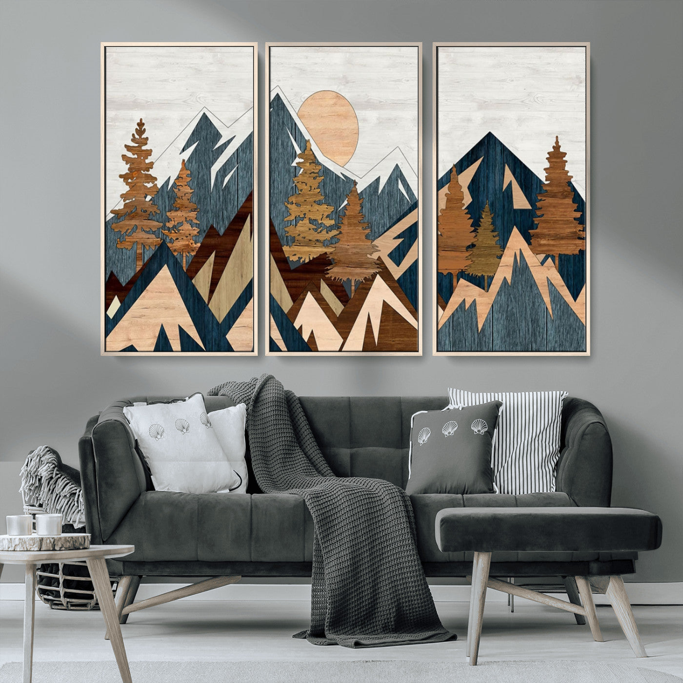 91467-MGV-CV-36X24-Abstract Wood Panel Effect Mountain Range Top Wall Art Canvas Print