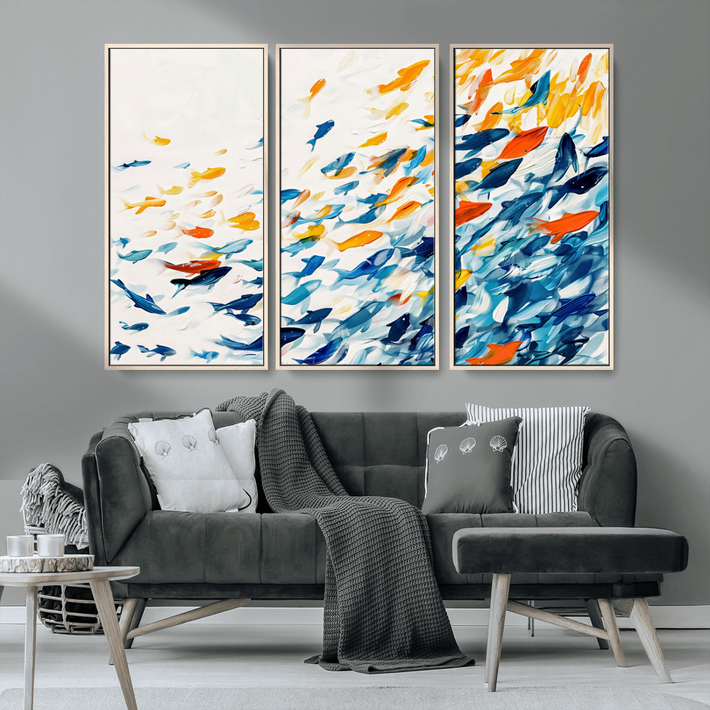 84837-MGV-CV-36X24-Abstract Fish Shoal Wall Art Canvas Print, Colorful Fish Herd Painting on Canvas Print, Ocean Animal