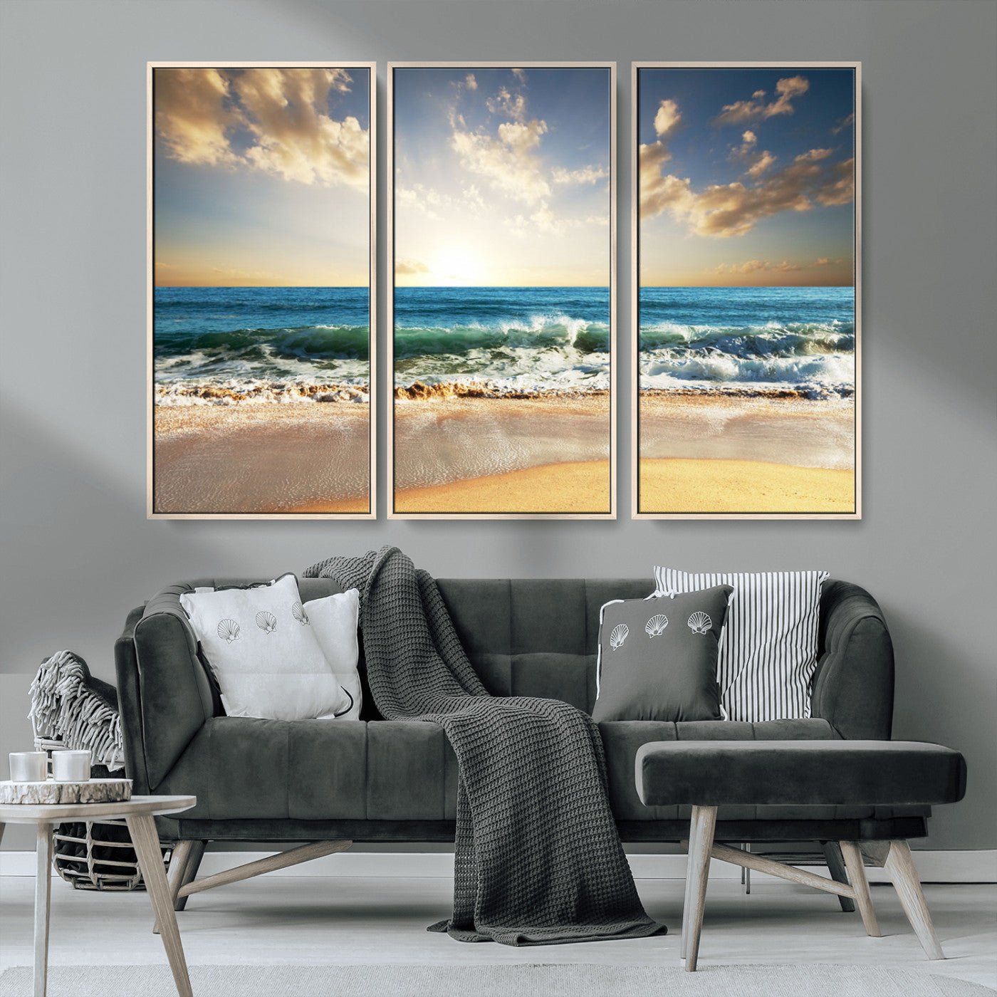 83376-MGV-FC-48X32-3P_Natural-Golden Sunset Beach Triptych Canvas Wall Art for Living Room – 3-Panel Ocean View, Framed & Ready to