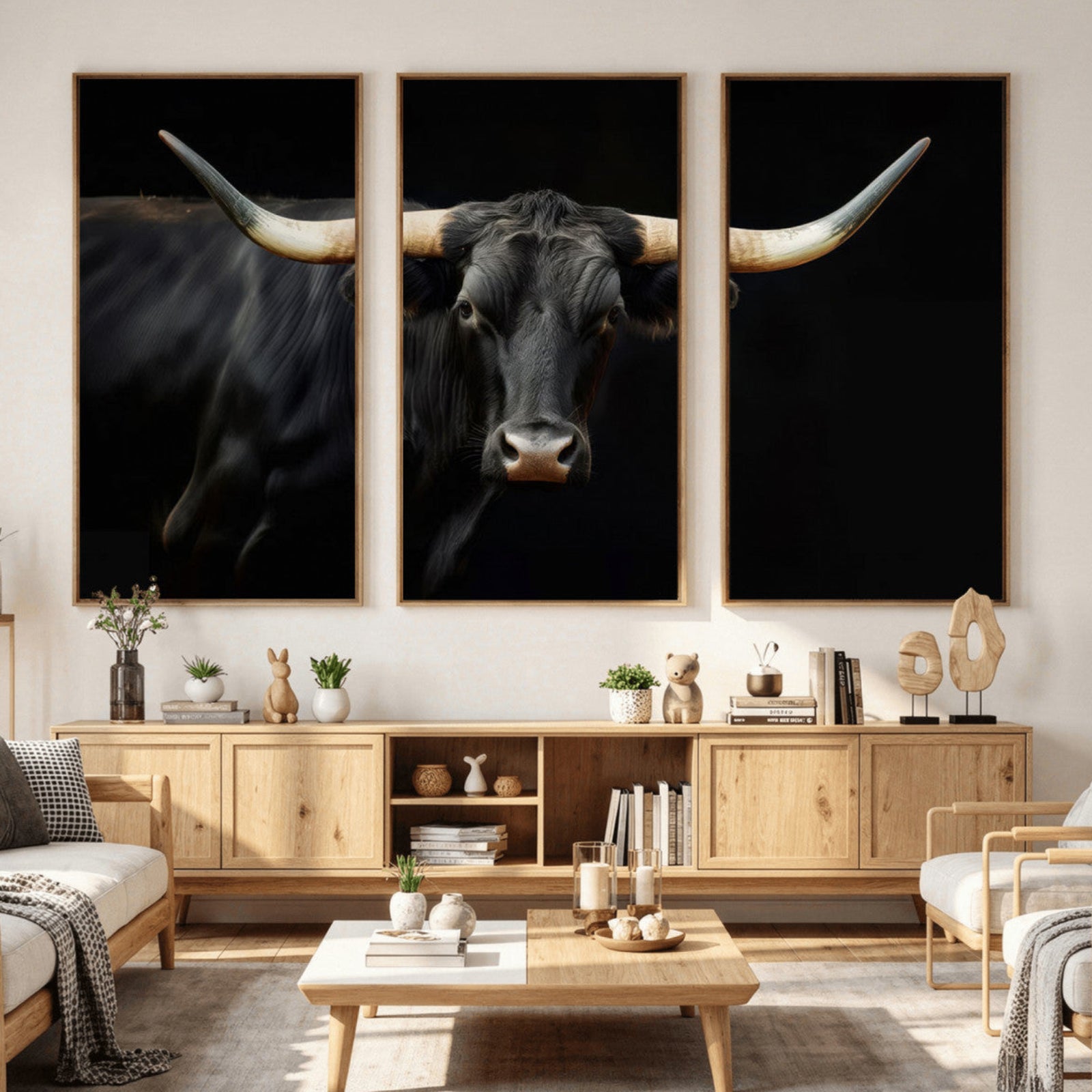 63798-MGV-CV-36X24 - Texas Longhorn Cow | Majestic Black Bull Wall Art Canvas Print - Farmhouse Animal Decor - Ready to