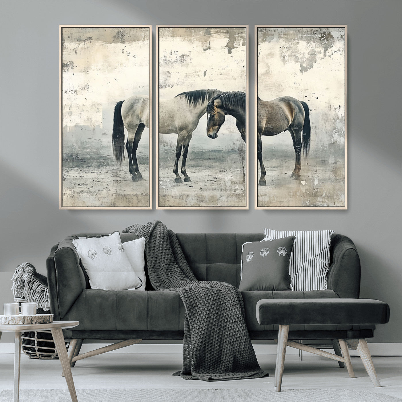 -Chines Style Majestic Horses Wall Art | Ready to Hang and Framed Triptych Print | Western Farmhouse