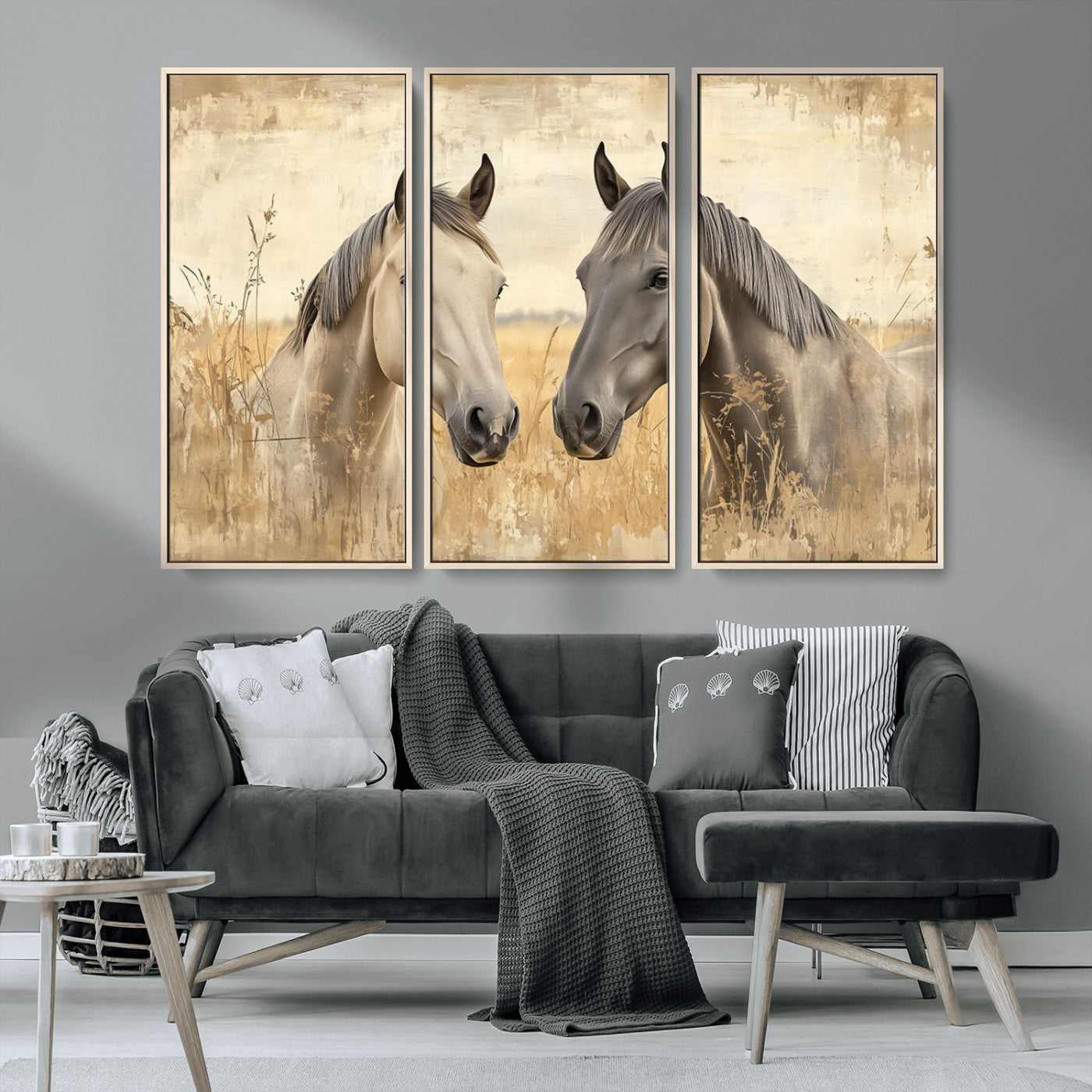 -Chines Ink Style Grunge Horses Wall Art Canvas Print
