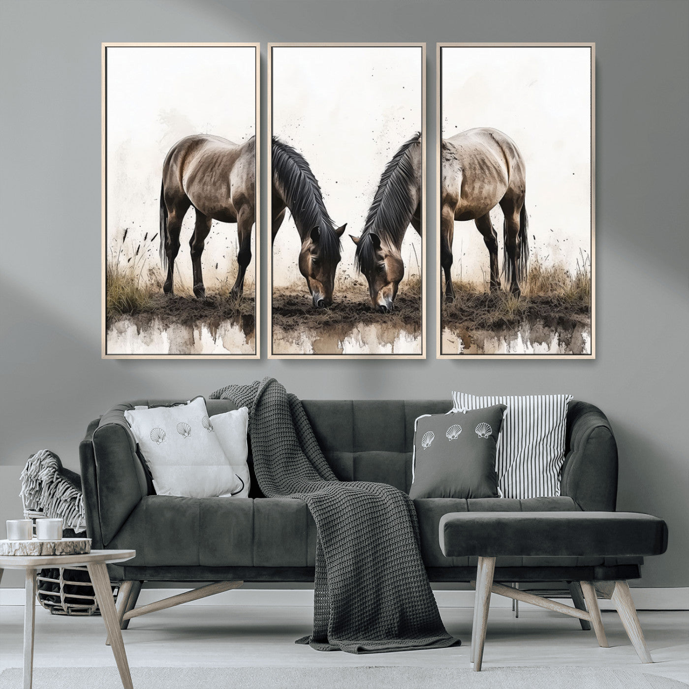 -Chines Ink Style Horses Wall Art Canvas Print