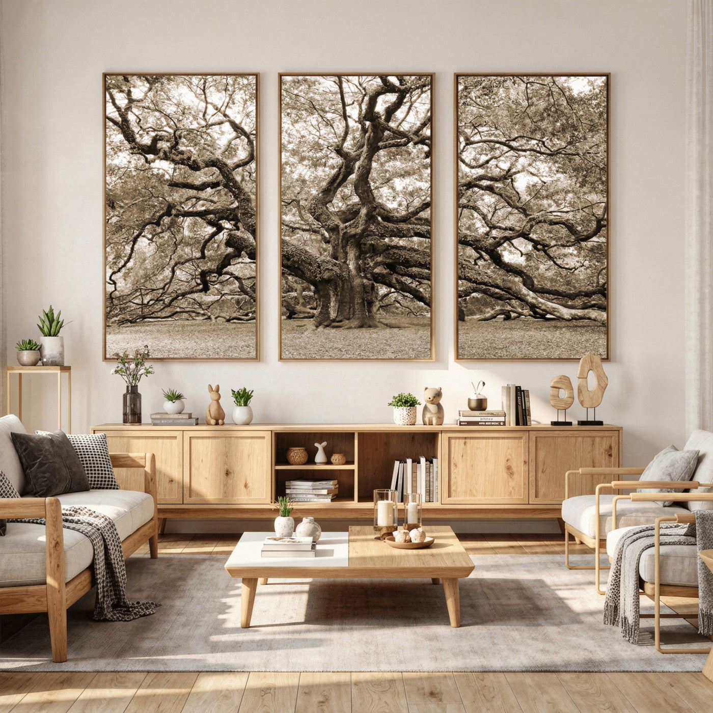 51126-MGV-CV-36X24 - Sepia Framed Angel Oak Tree Wall Art - 3-Panel Canvas Prints, Large Green Nature Artwork, Ready to