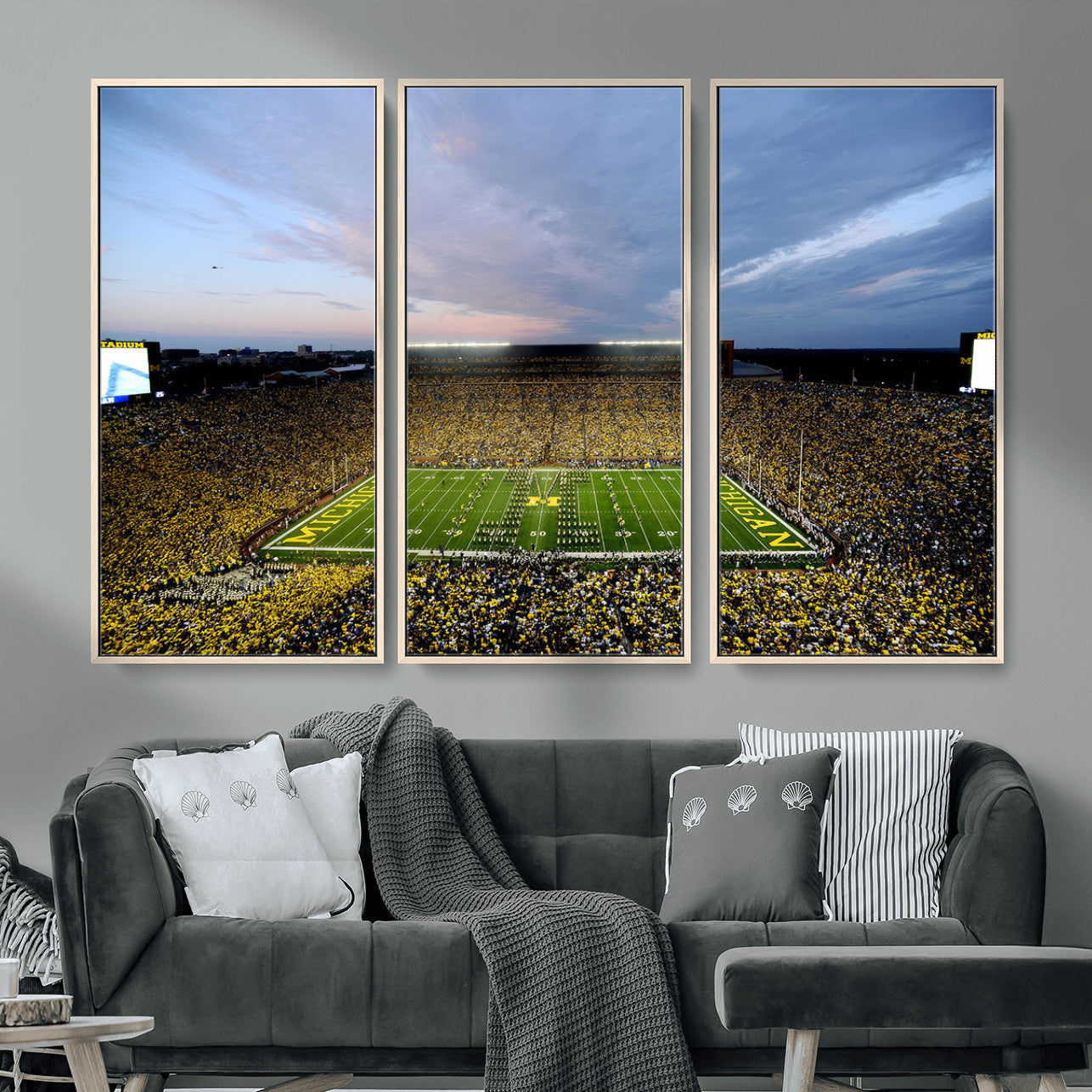 82641-MGV-FC-48X32-3P - Michigan Stadium Wall Art Canvas Print, Vibrant Game Day Crowd and Sunset Sky Football Field Artwork for Home, Office