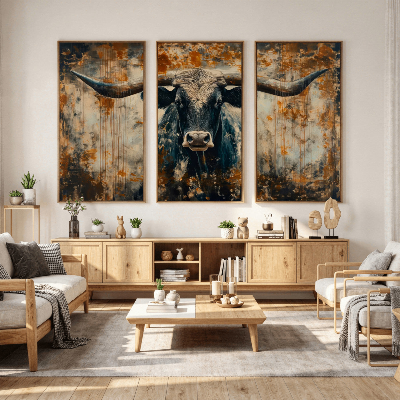 85913-MGV-CV-36X24 - Abstract Longhorn Bull Wall Art | Rustic Western Wall Decor | Framed and Ready to Hang | Ideal for