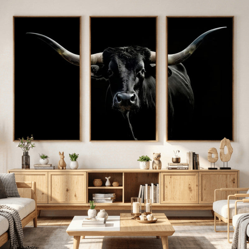Texas Black Longhorn Bull Wall Art Canvas Print