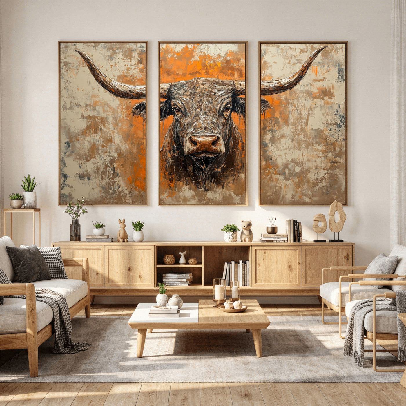 49976-MGV-CV-36X24 - Abstract Cow Longhorn Bull Wall Art Canvas Print - Rustic Texas Western Cattle Artwork