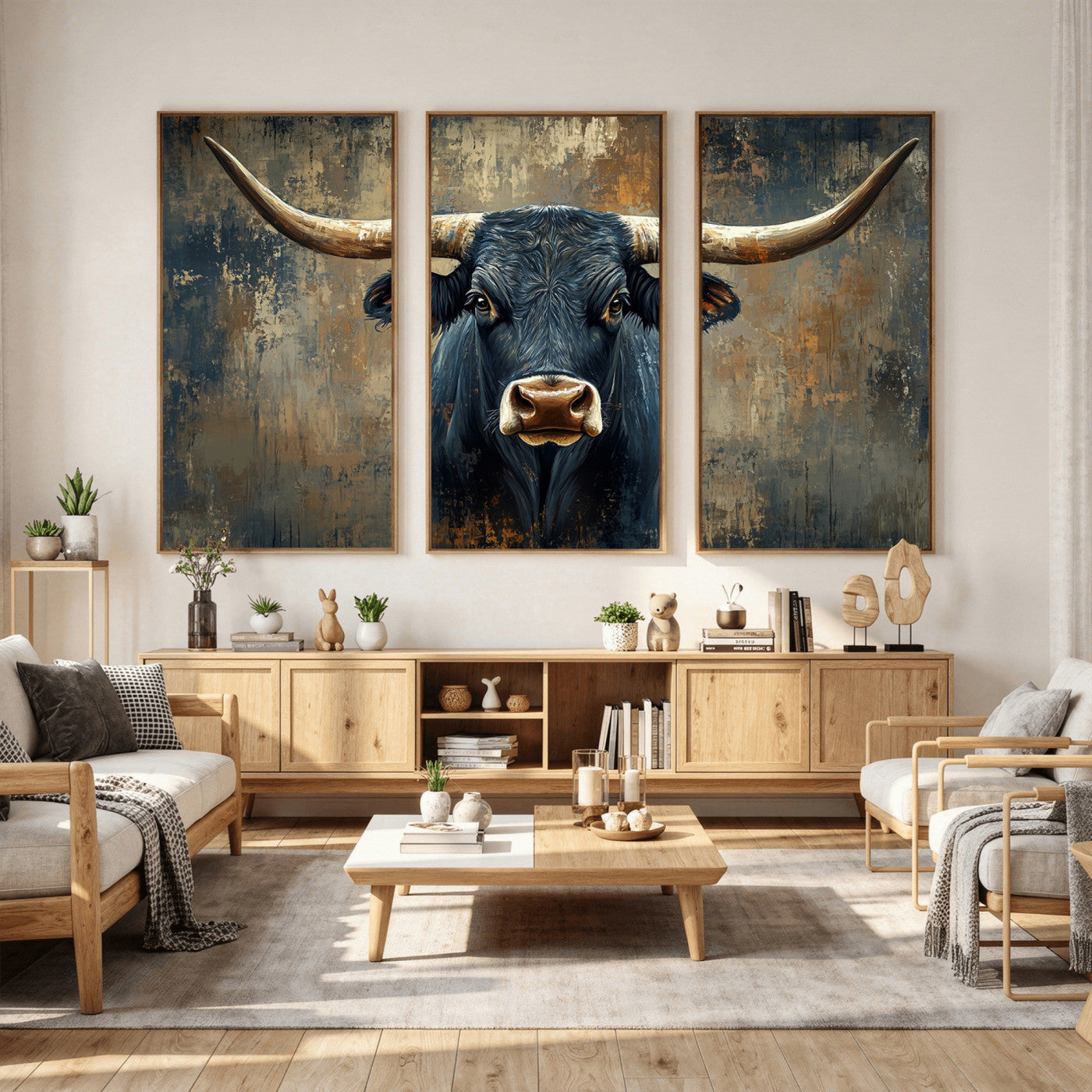 42026-MGV-CV-36X24 - Texas Western Wall Art Canvas Print - Abstract Cow Longhorn Bull Wall Art Canvas Print - Rustic Cow