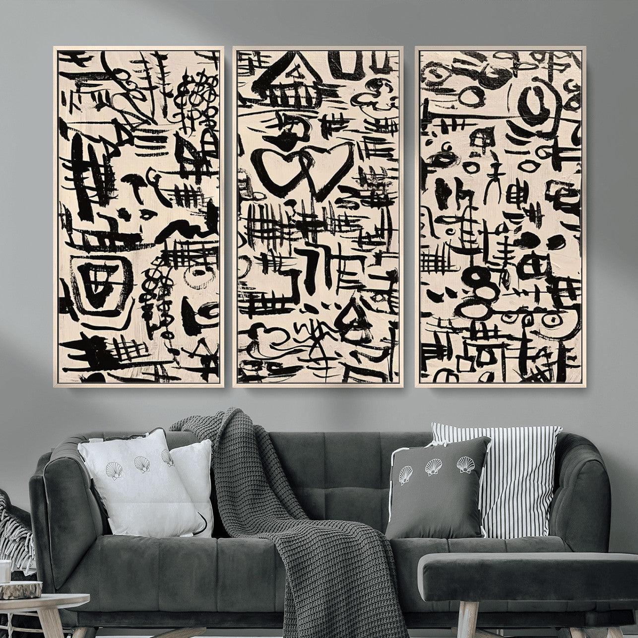 68273-MGV-FC-48X32-3P - Abstract Love and Chaos Canvas Print, Black Symbols on Beige