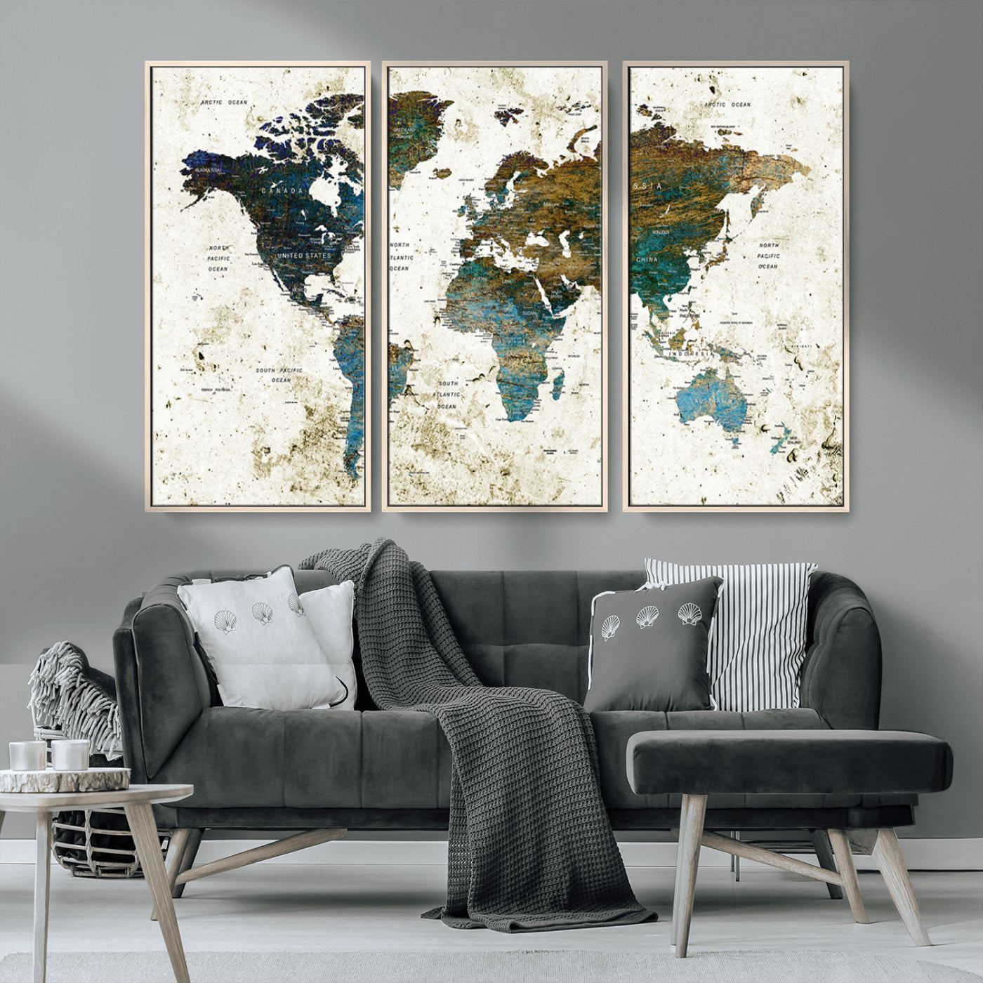 89176-MGV-CV-36X24-Vintage Blue and Brown World Map Canvas Wall Art – Framed Rustic Map Print, Earth Tone Travel Decor for Stylish Home and Office Walls